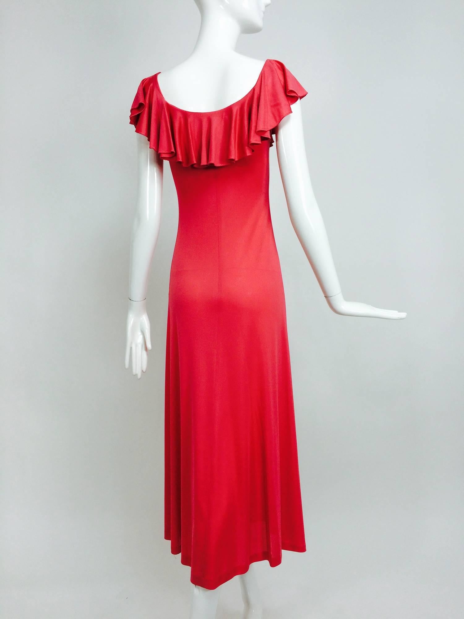 Emilio Pucci coral silk jersey deep ruffle shoulder maxi dress 1960s 1