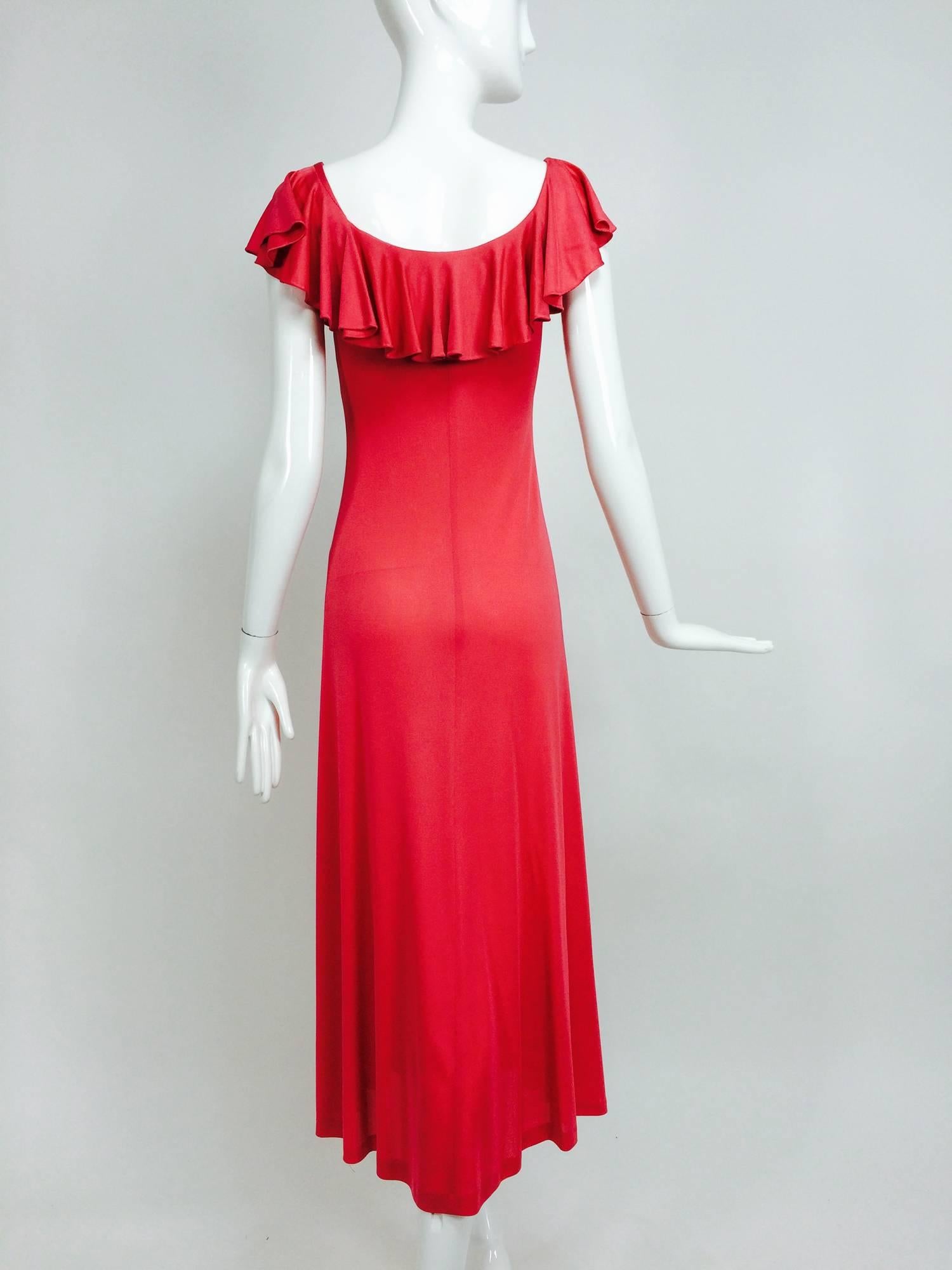 Emilio Pucci coral silk jersey deep ruffle shoulder maxi dress 1960s 2