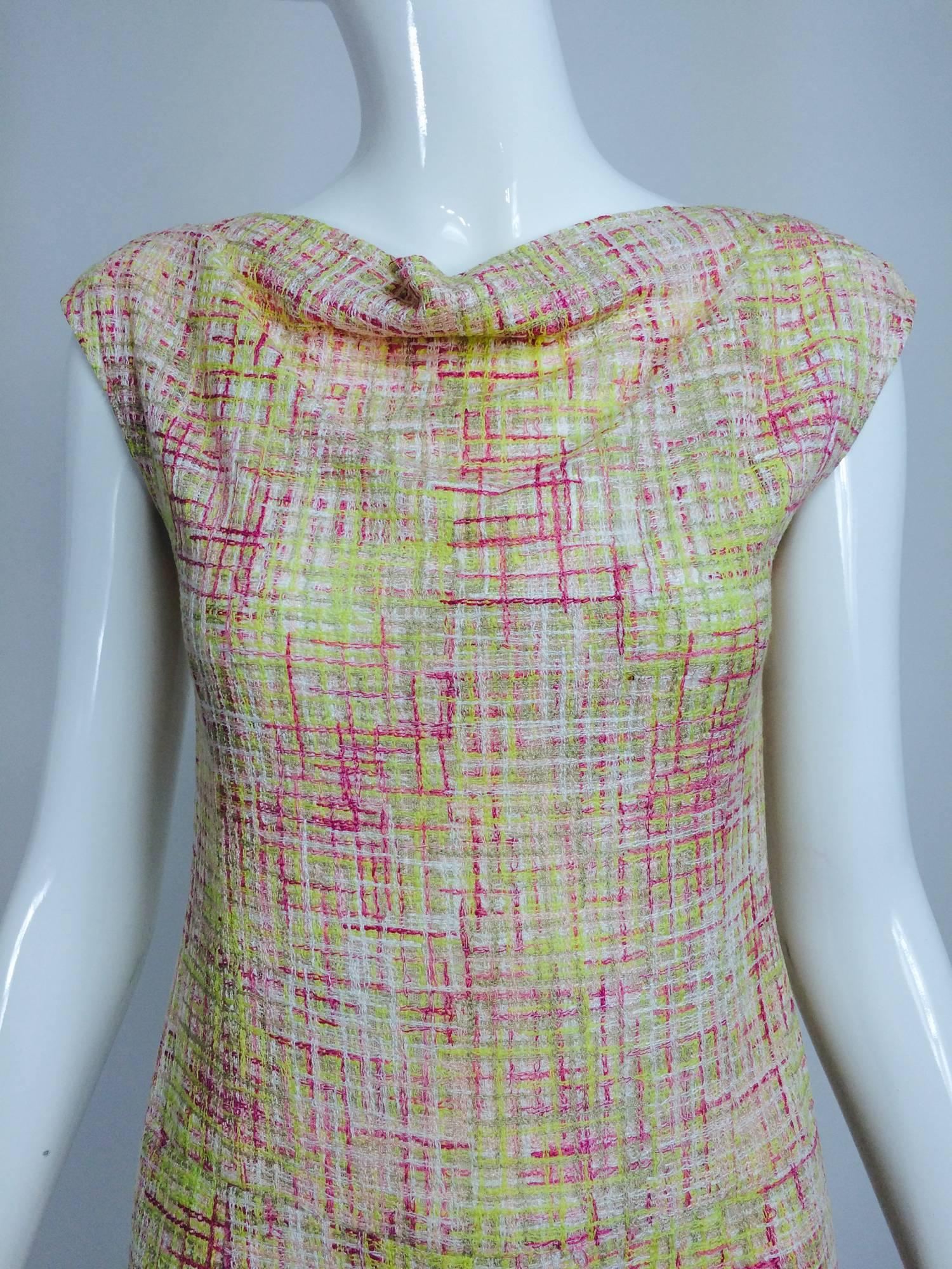 Chanel yellow, pink & cream tweed sleeveless shift dress 1998P. Chanel for summer, cotton tweed in sunny colours. Princess seamed, sleeveless dress with cowl neckline, fitted with seamed dropped waist,  on seam side pockets, back zipper closure with