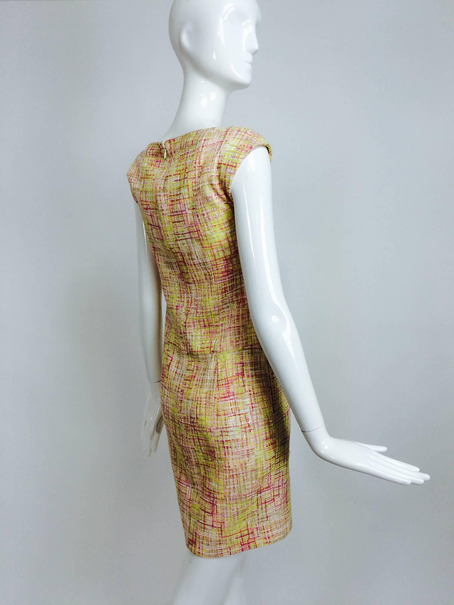 White Vintage Chanel yellow, pink & cream tweed sleeveless shift dress 1998
