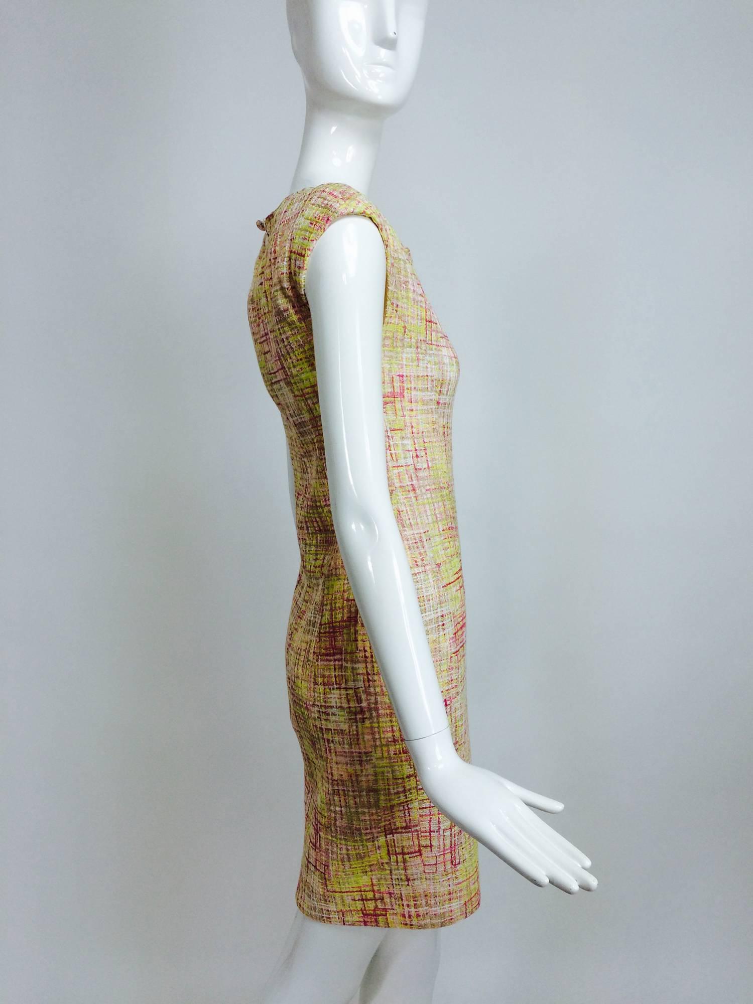 Vintage Chanel yellow, pink & cream tweed sleeveless shift dress 1998 In Excellent Condition In West Palm Beach, FL