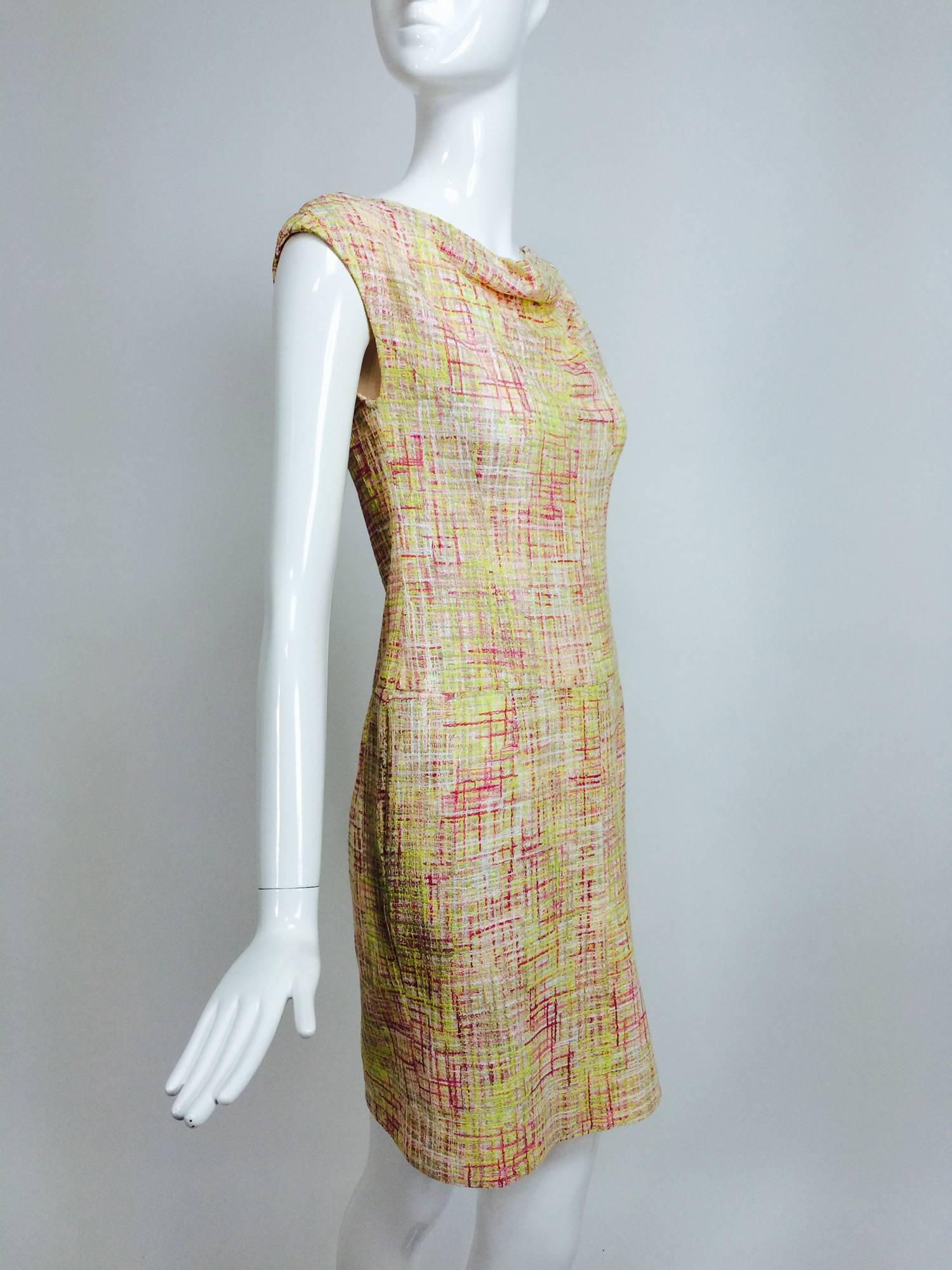 Women's Vintage Chanel yellow, pink & cream tweed sleeveless shift dress 1998