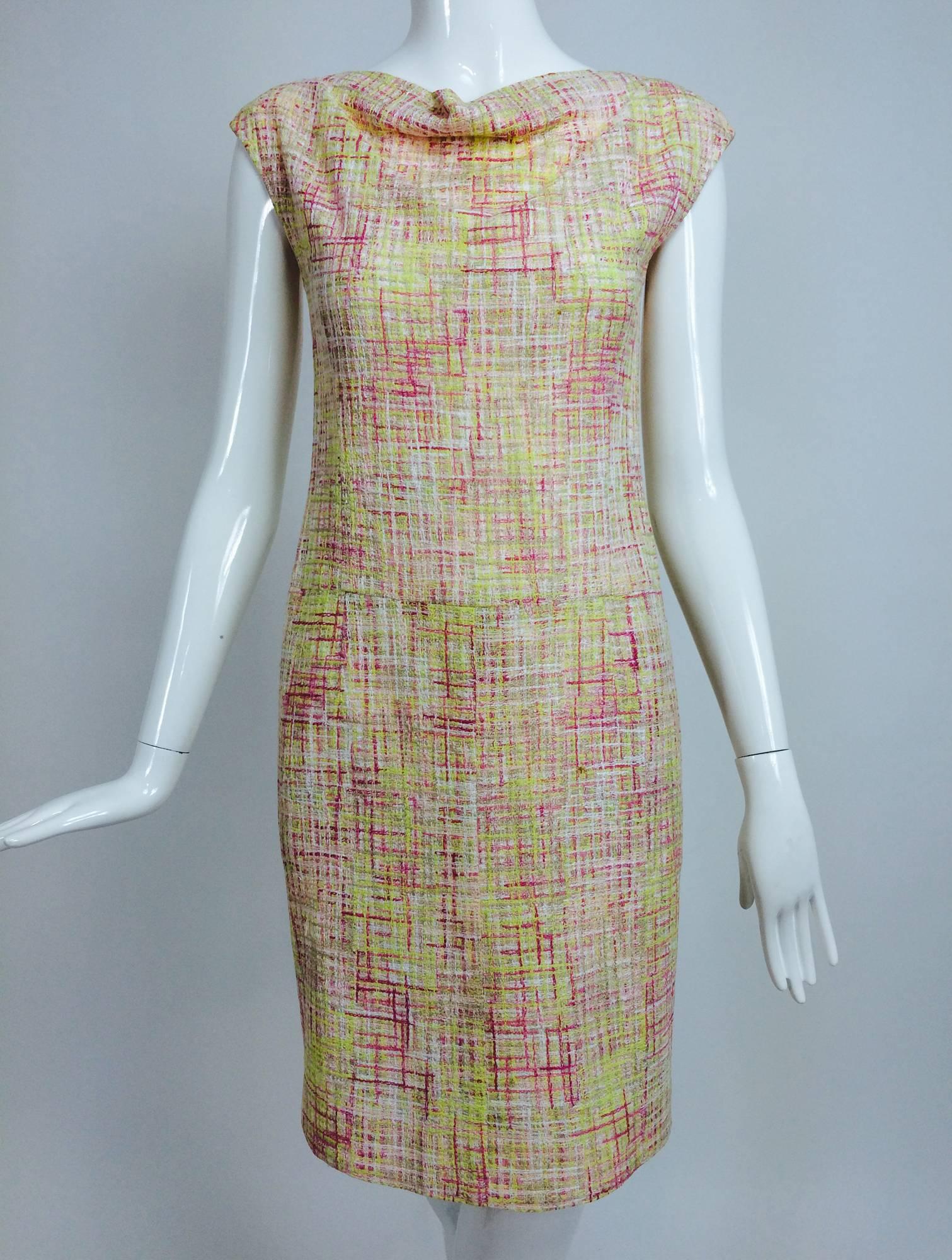 Vintage Chanel yellow, pink & cream tweed sleeveless shift dress 1998 1
