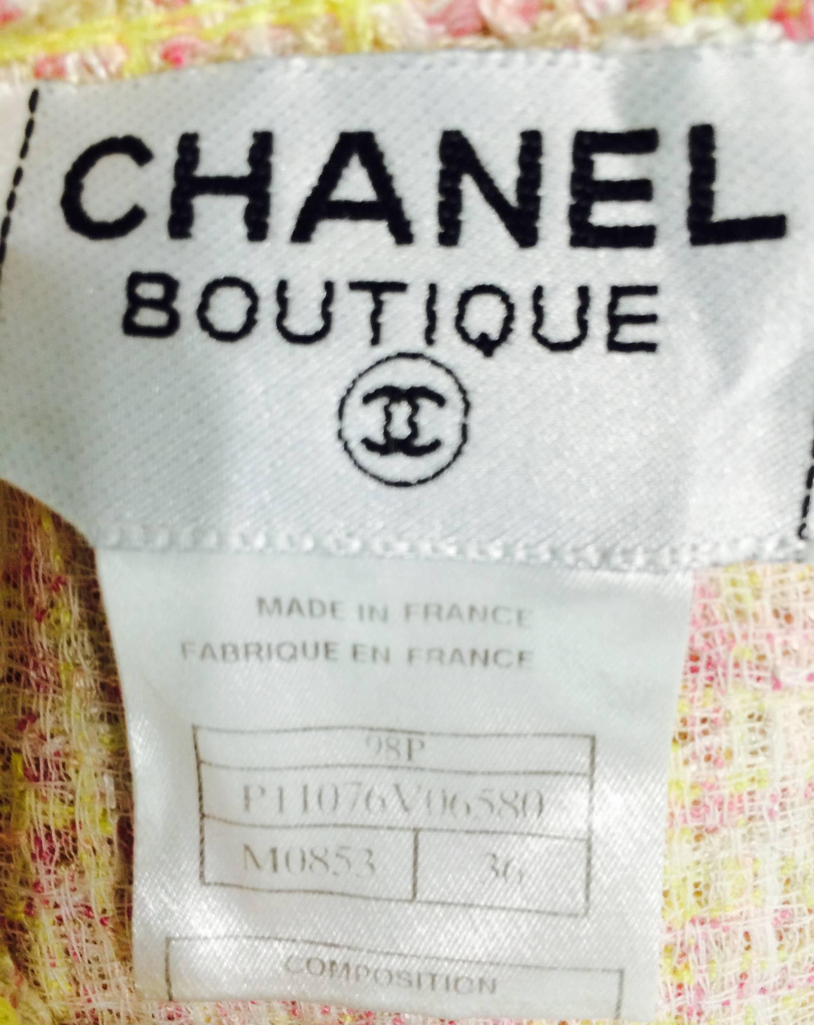 Vintage Chanel yellow, pink & cream tweed sleeveless shift dress 1998 2
