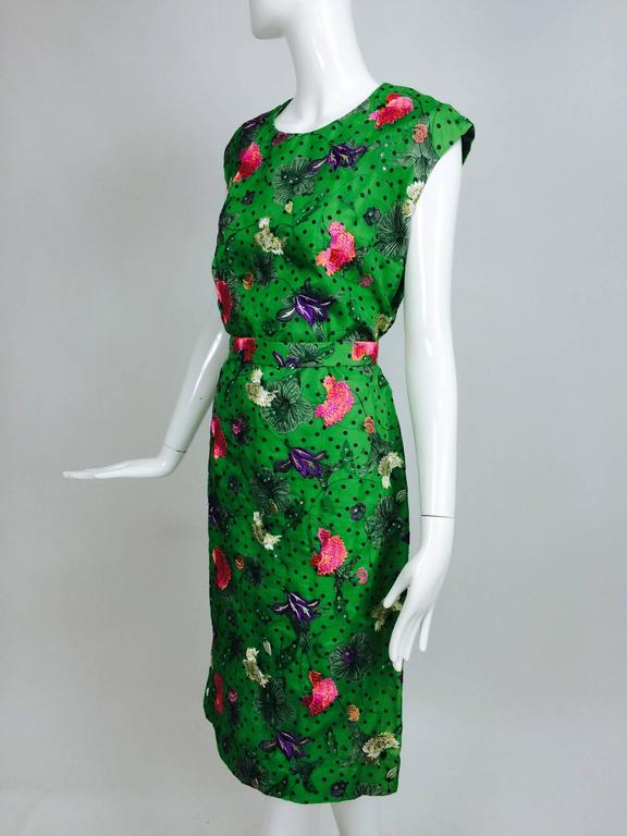 Vintage one off Custom Grass green embroidered silk organdy sheath ...