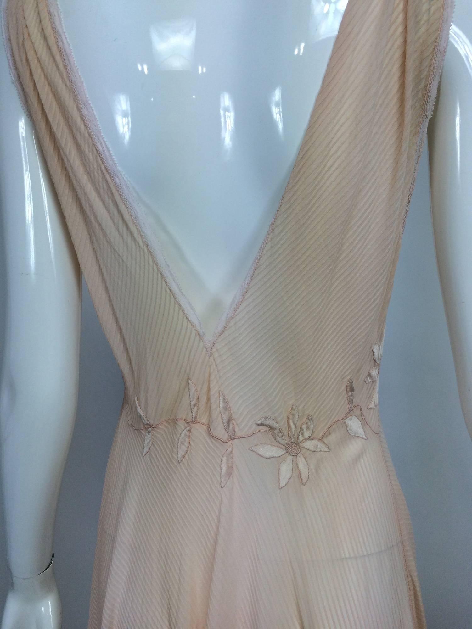 Brown Vintage hand made pleated silk chiffon bias cut appliqued night gown 1930s