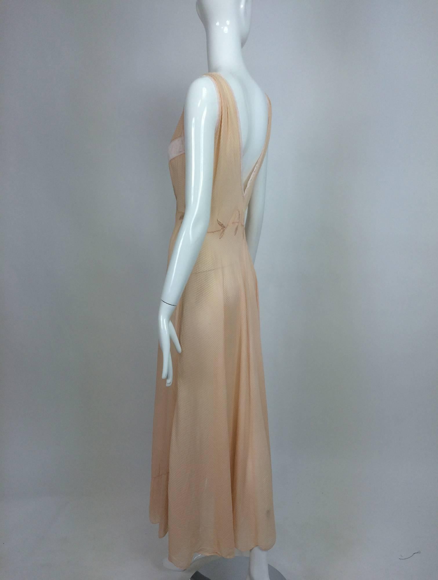 Women's Vintage hand made pleated silk chiffon bias cut appliqued night gown 1930s