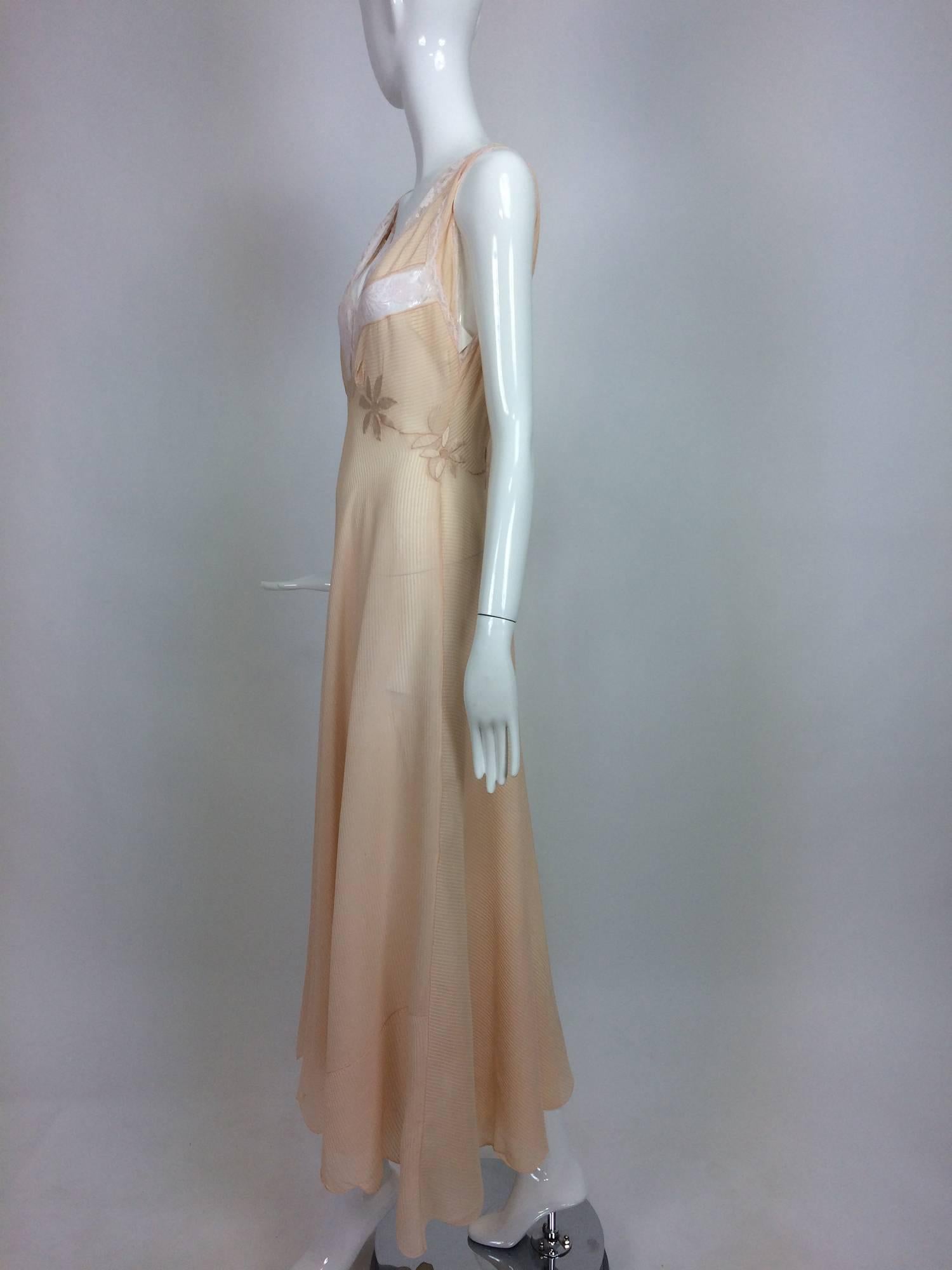 Vintage hand made pleated silk chiffon bias cut appliqued night gown 1930s 1