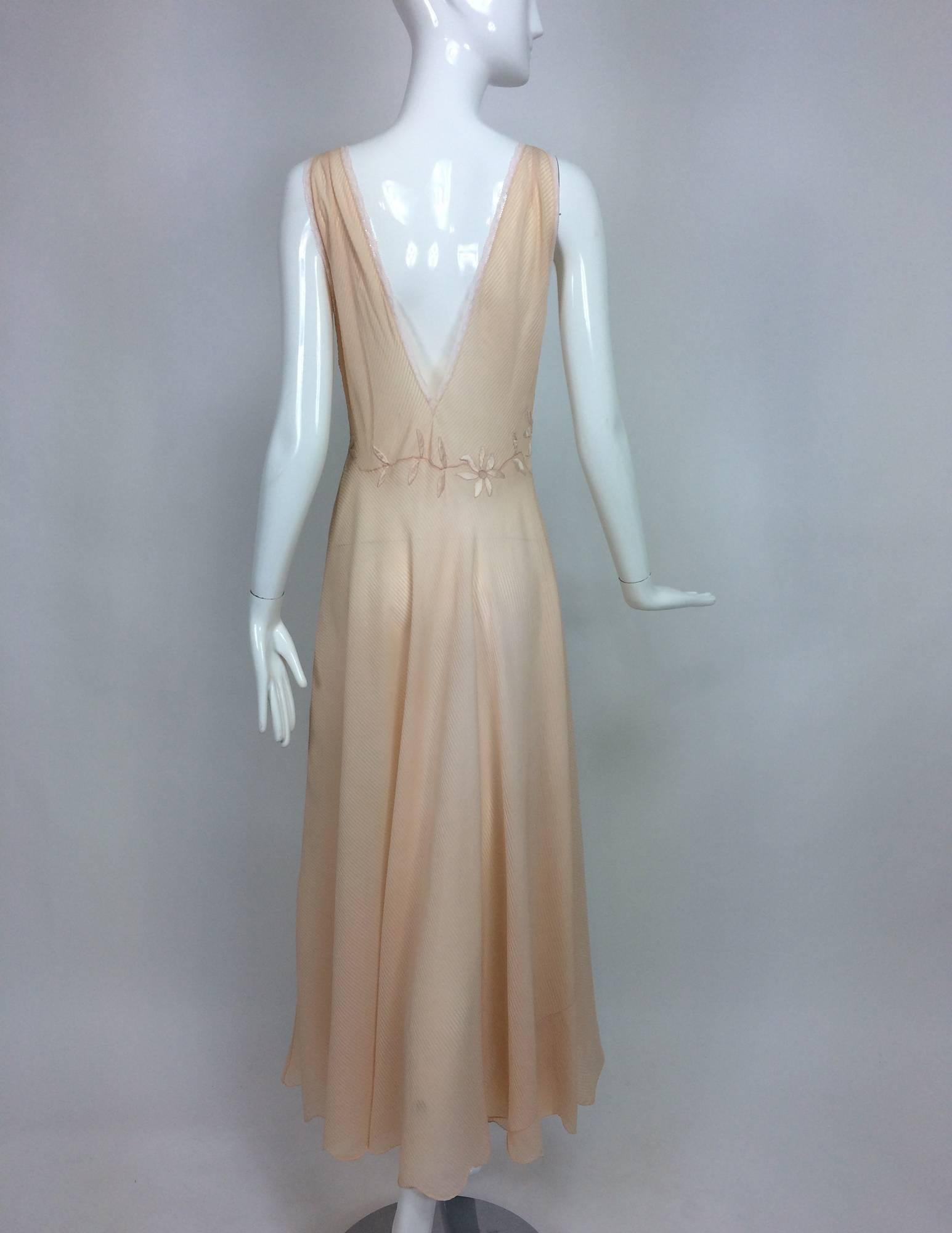 Vintage hand made pleated silk chiffon bias cut appliqued night gown 1930s 3