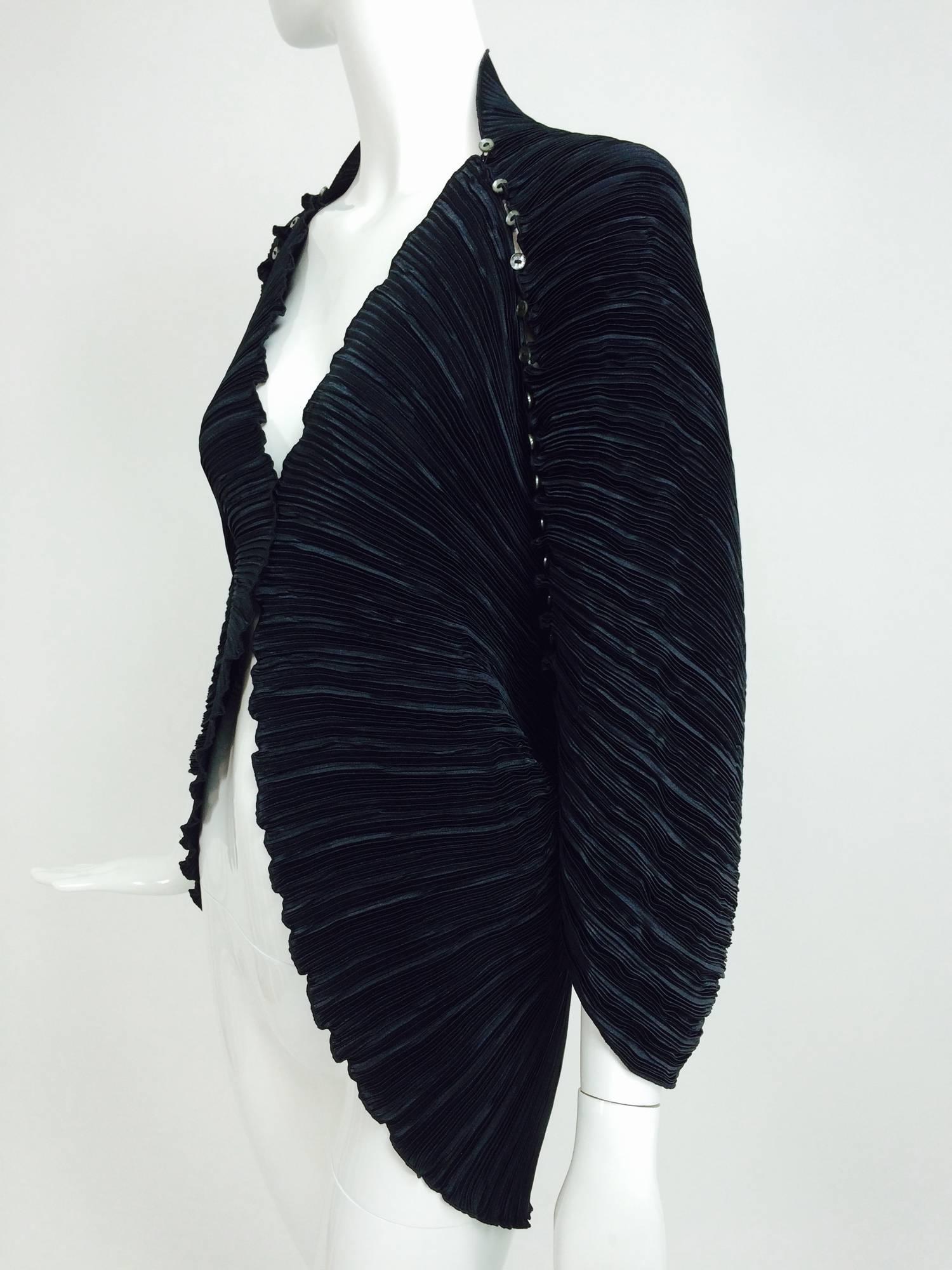 Vintage Ellen Hauptli black Forutny pleated jacket with button shoulders 1990s 3