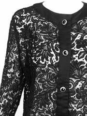 Vintage Custom black Guipure lace coat satin facings & jewel buttons 1990s 14
