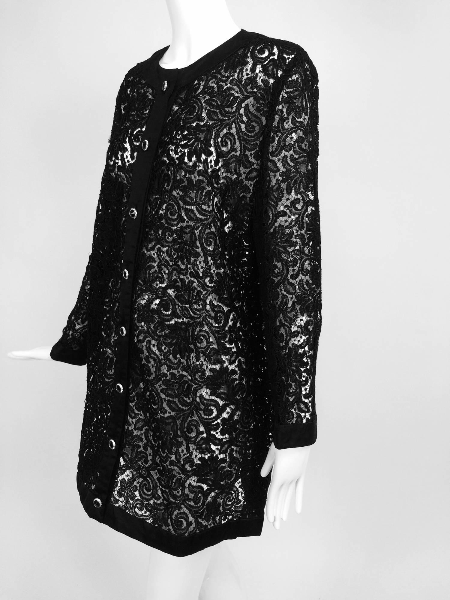 Black Vintage Custom black Guipure lace coat satin facings & jewel buttons 1990s 14