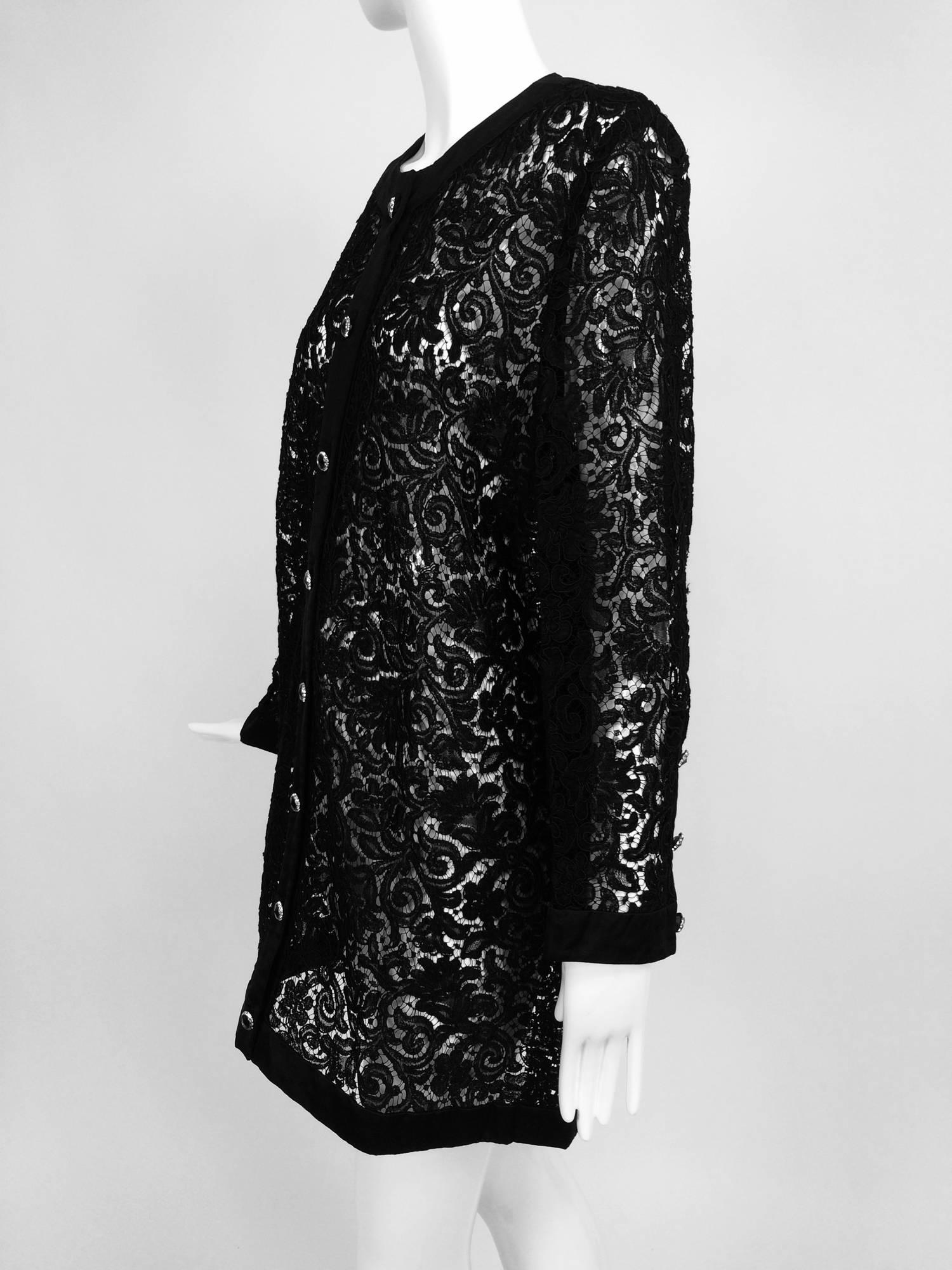 Vintage Custom black Guipure lace coat satin facings & jewel buttons 1990s 14 In Excellent Condition In West Palm Beach, FL