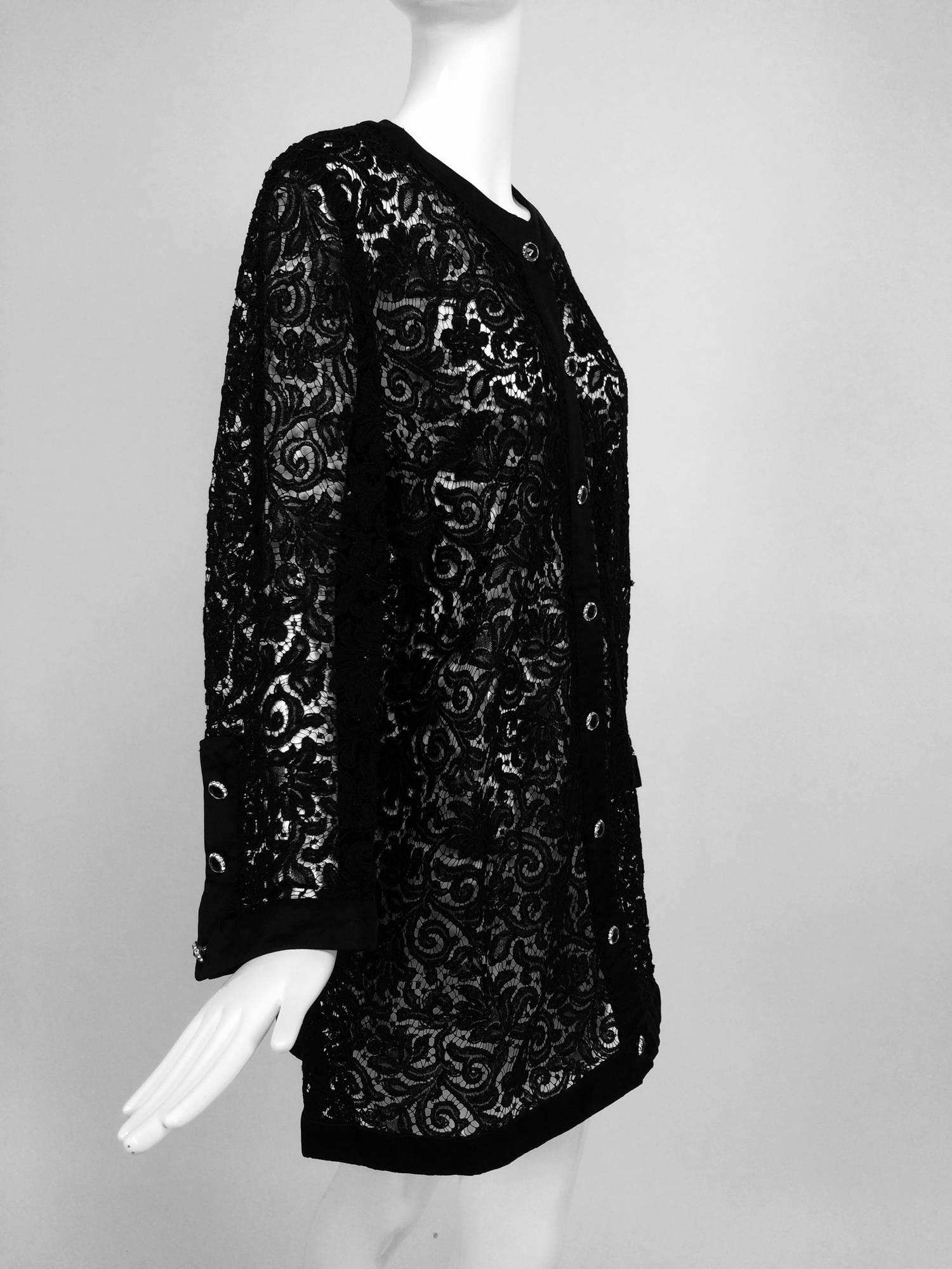 Vintage Custom black Guipure lace coat satin facings & jewel buttons 1990s 14 1