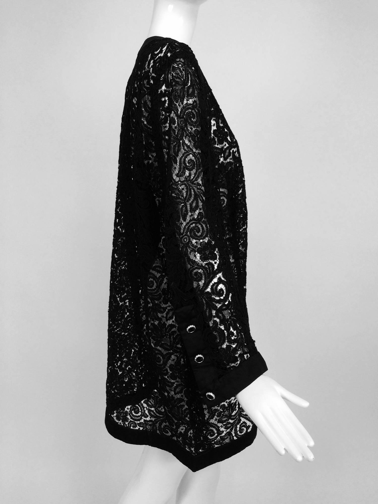 Vintage Custom black Guipure lace coat satin facings & jewel buttons 1990s 14 2
