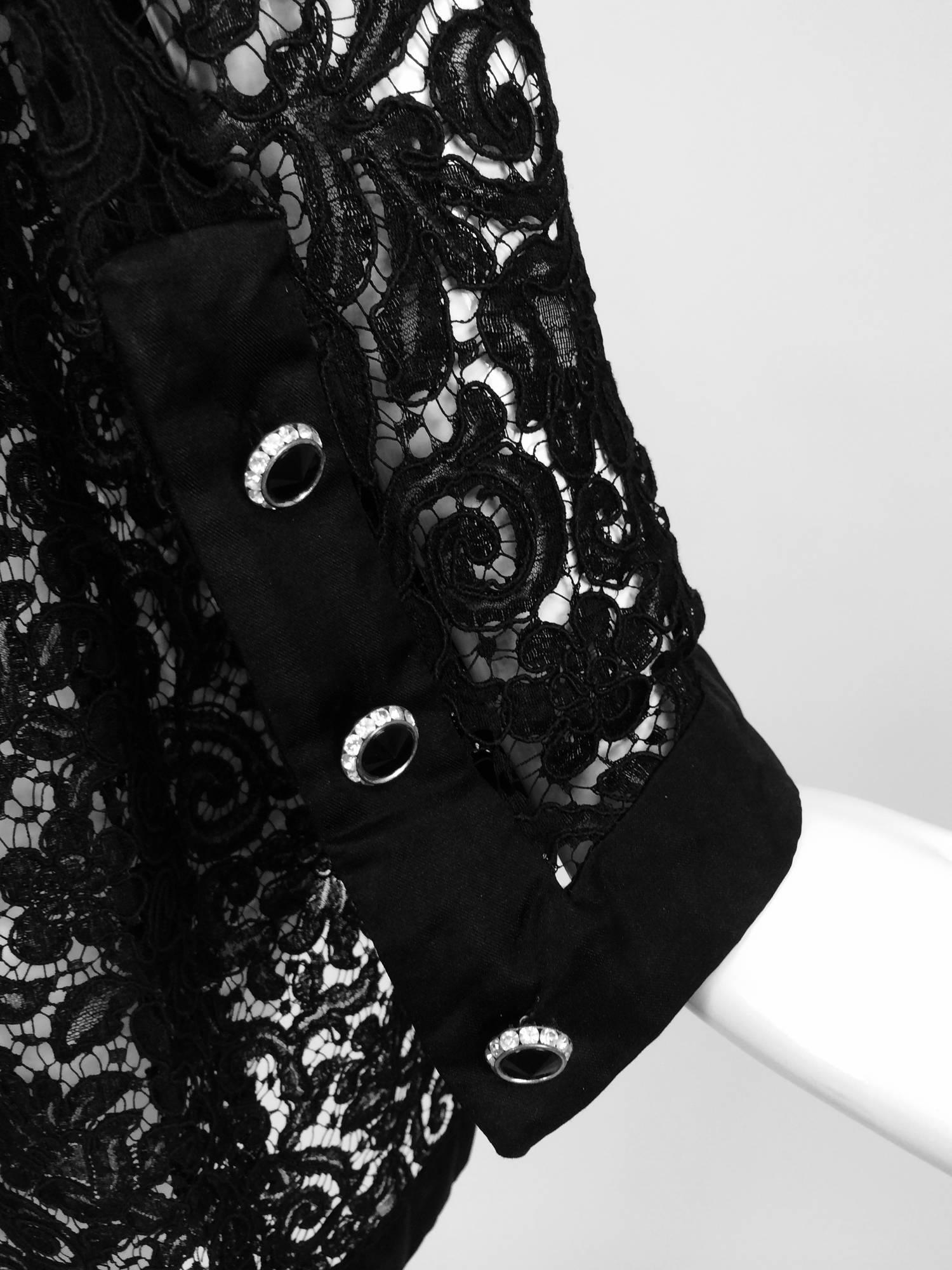 Vintage Custom black Guipure lace coat satin facings & jewel buttons 1990s 14 3