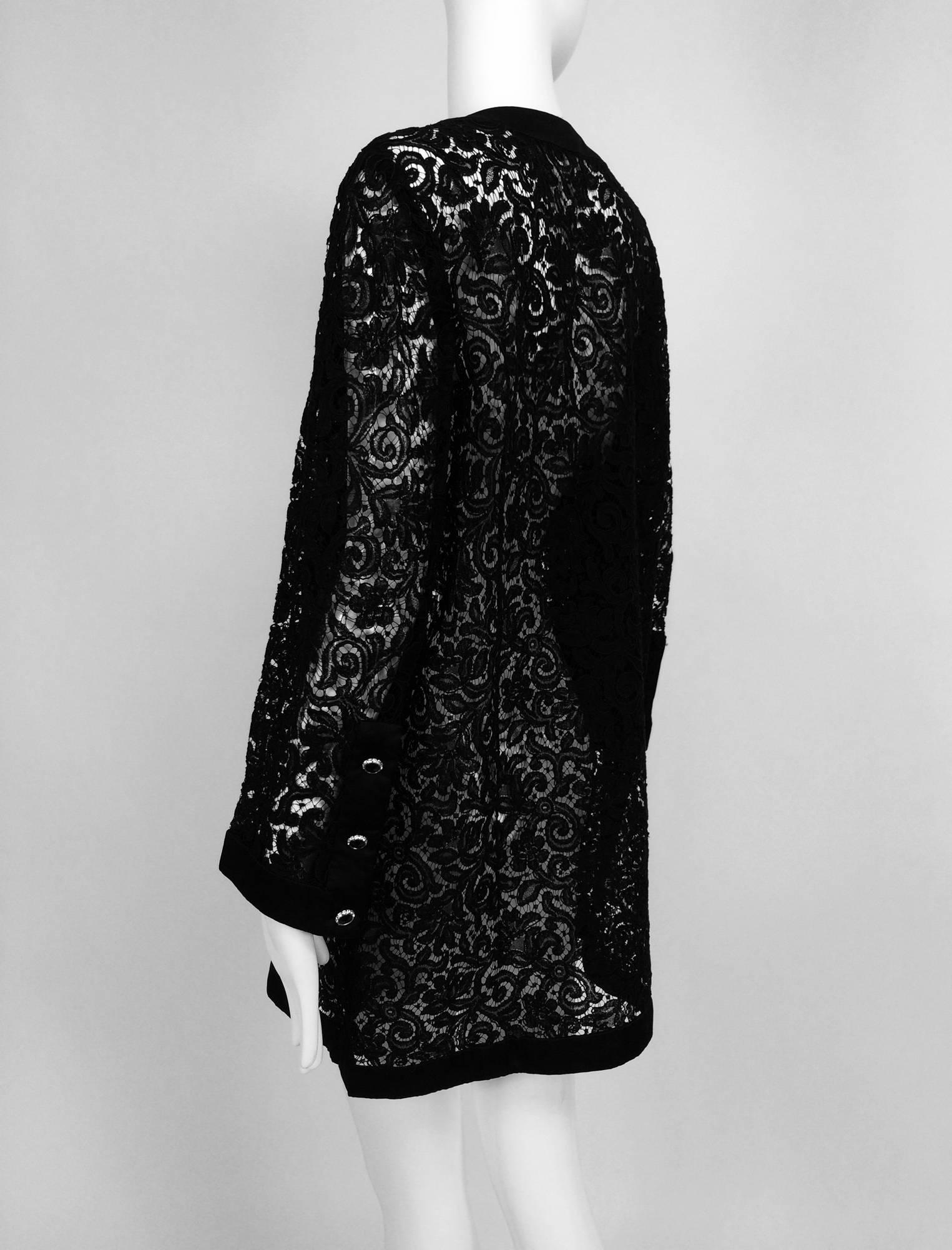 Vintage Custom black Guipure lace coat satin facings & jewel buttons 1990s 14 4