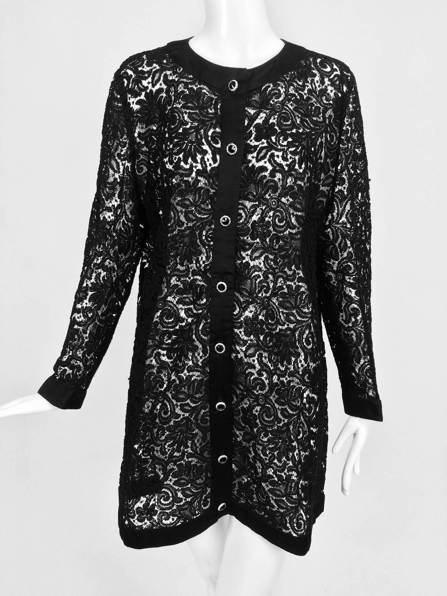 Vintage Custom black Guipure lace coat satin facings & jewel buttons 1990s 14 5