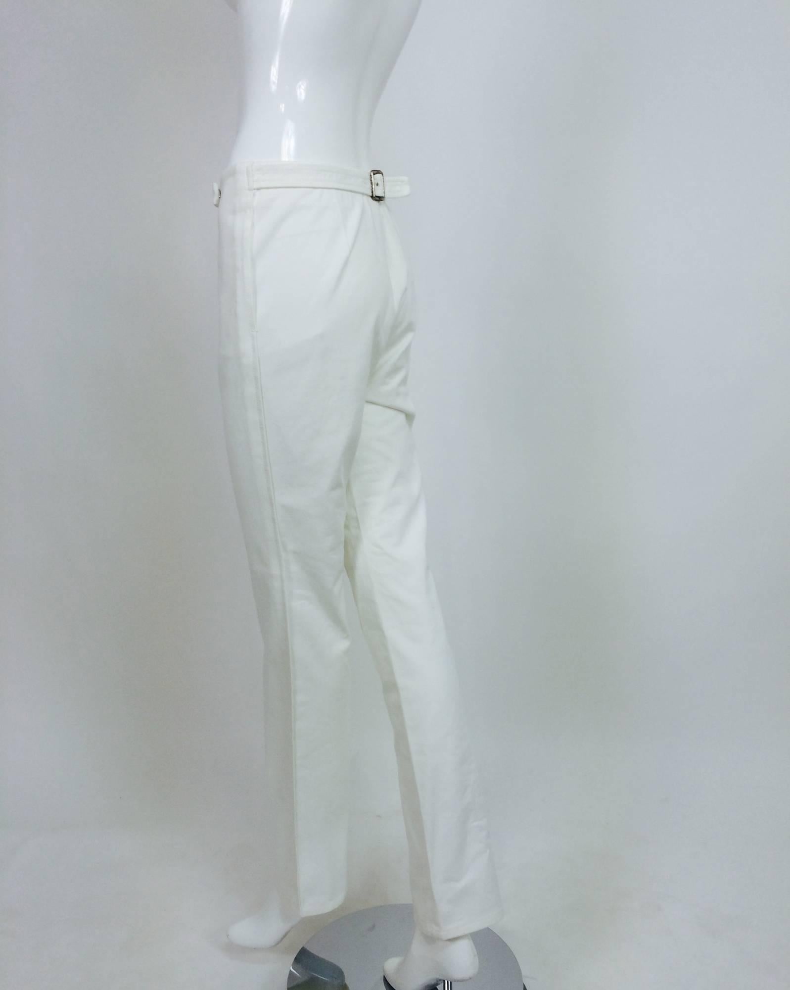 Gray Vintage Chanel white cotton twill buckle back fly front trousers 1990s
