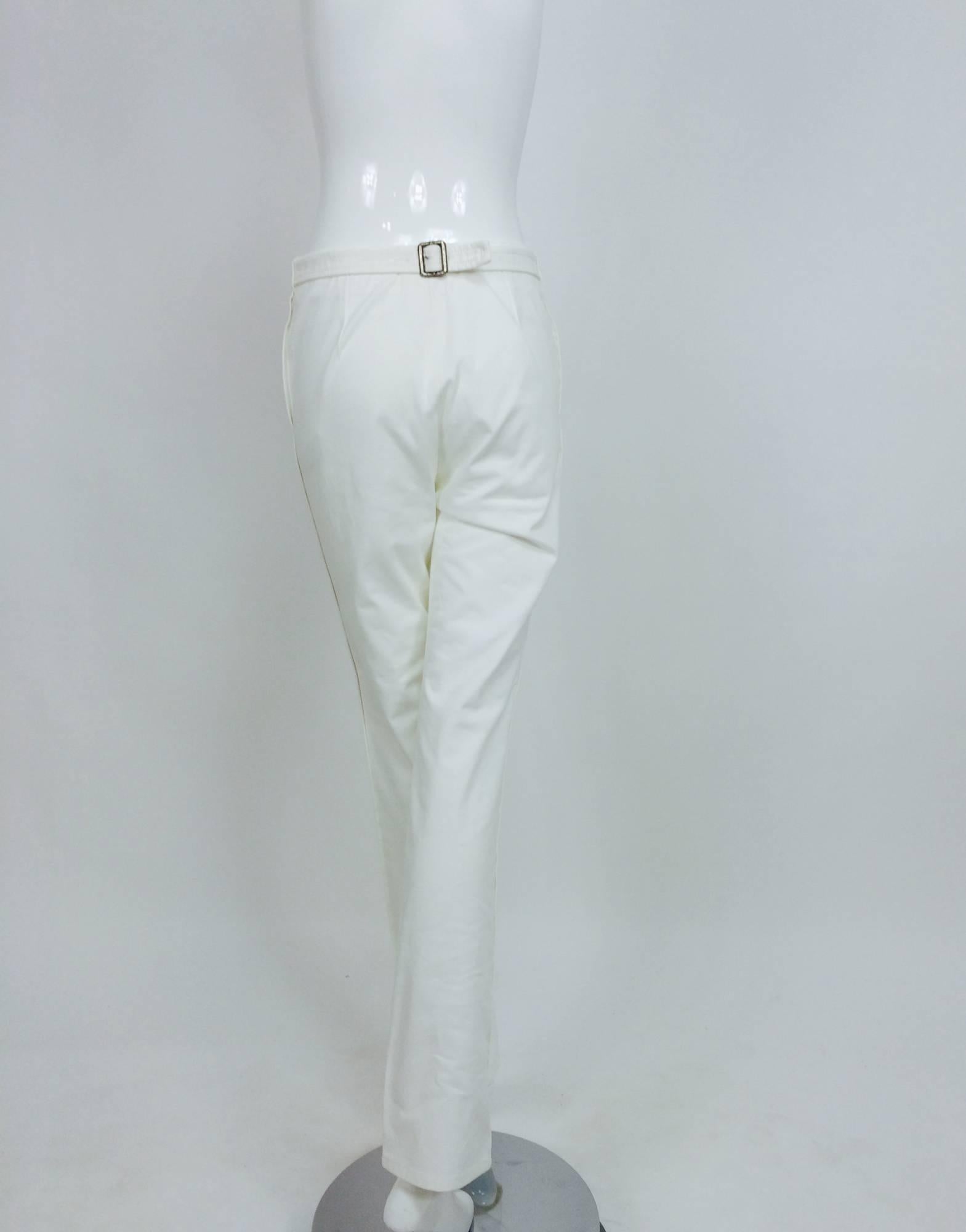 Vintage Chanel white cotton twill buckle back fly front trousers 1990s In Excellent Condition In West Palm Beach, FL