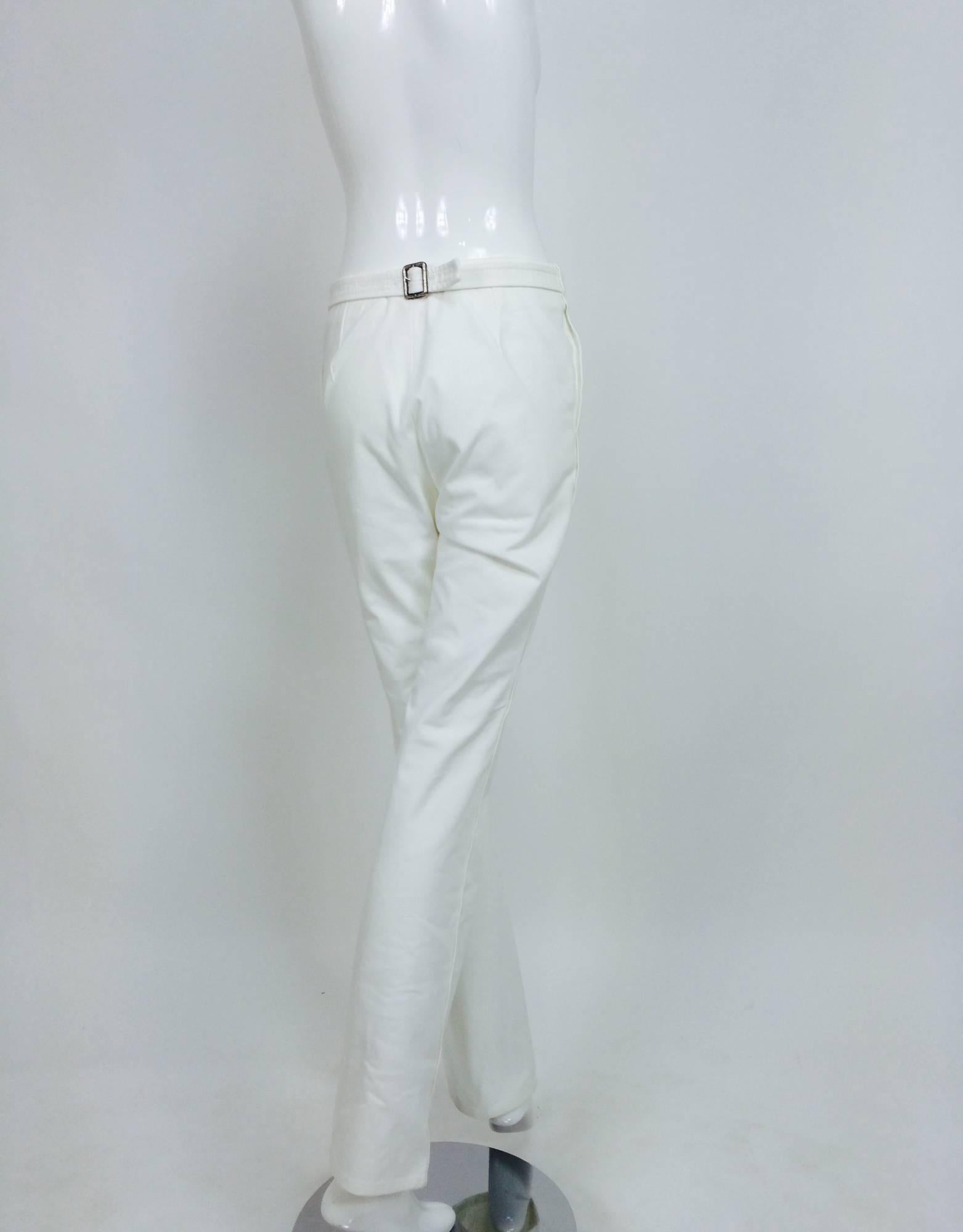Women's Vintage Chanel white cotton twill buckle back fly front trousers 1990s
