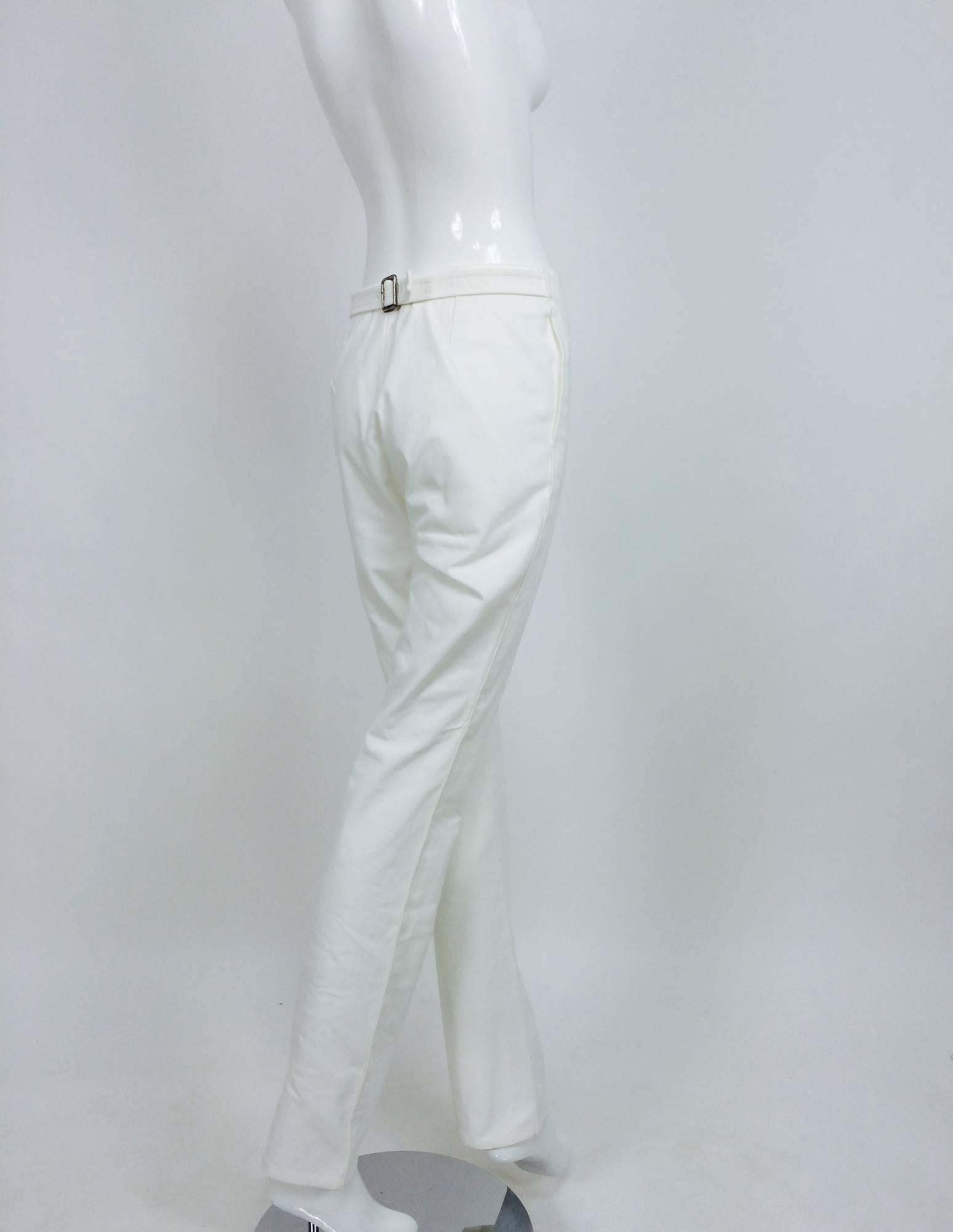 Vintage Chanel white cotton twill buckle back fly front trousers 1990s 1