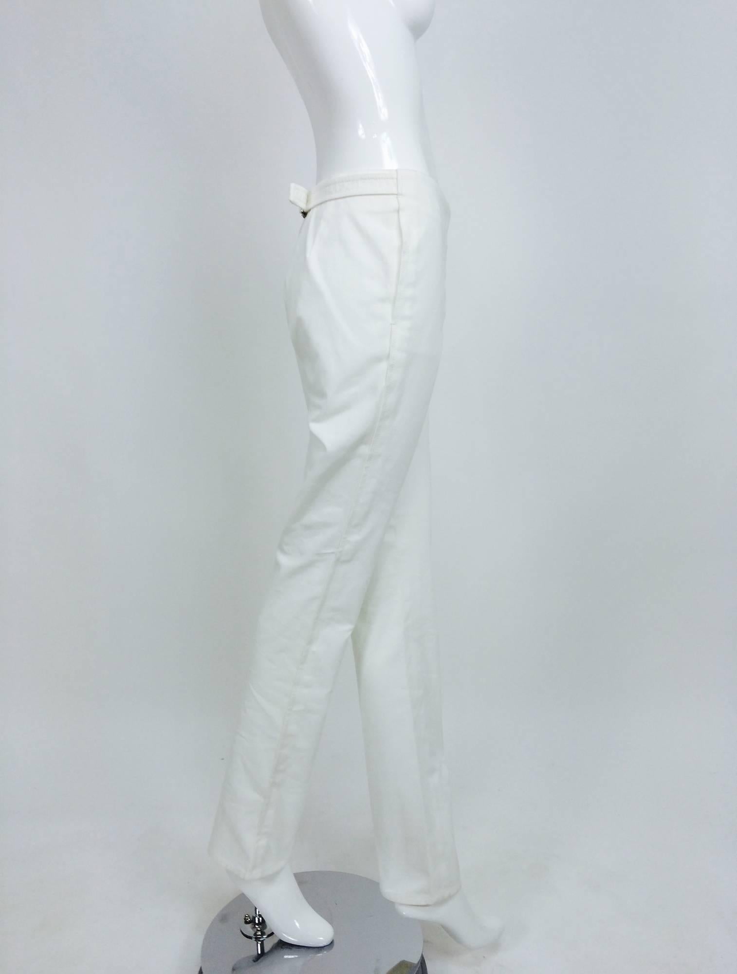 Vintage Chanel white cotton twill buckle back fly front trousers 1990s 2