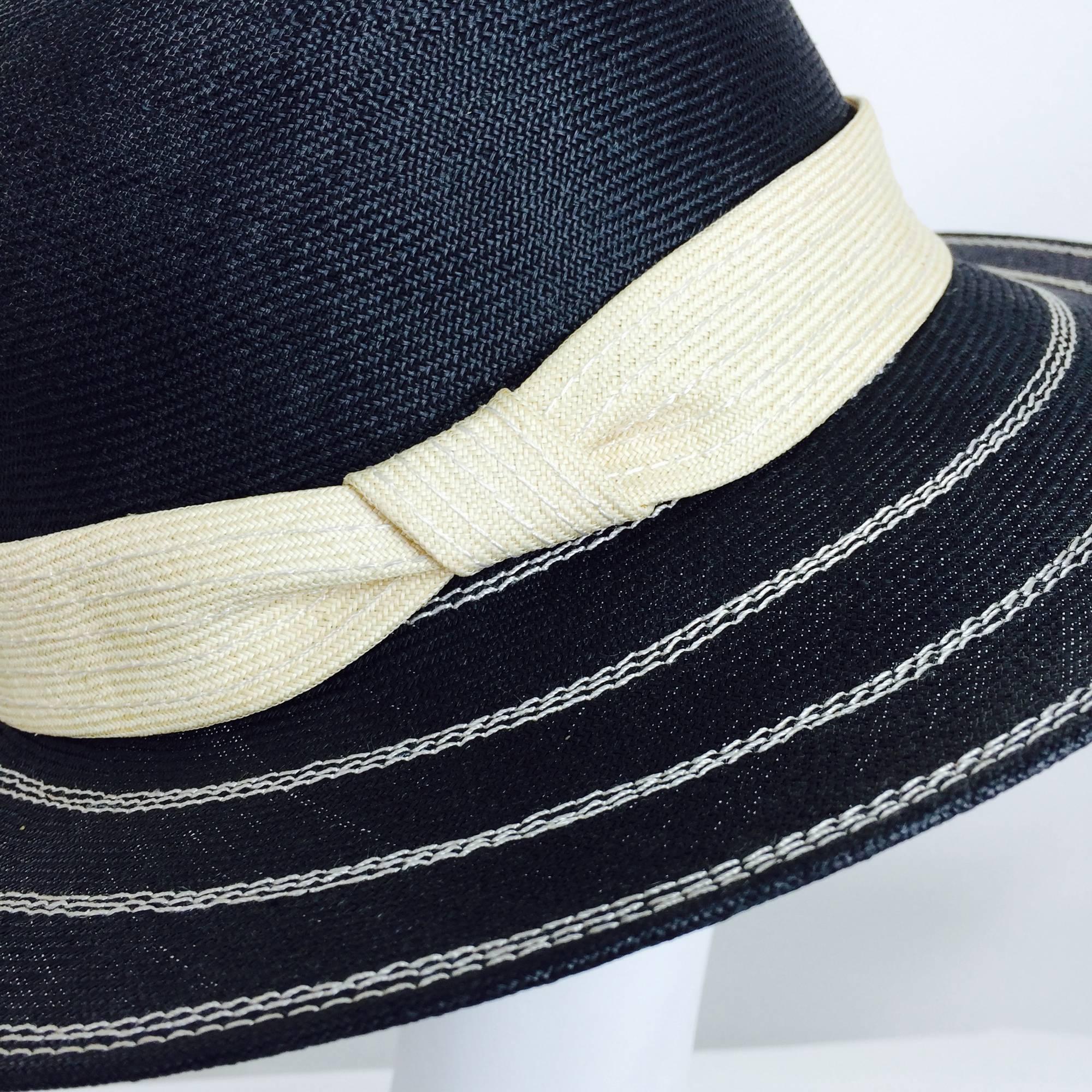 Black Vintage James Galanos black & ivory straw fedora hat 1960s