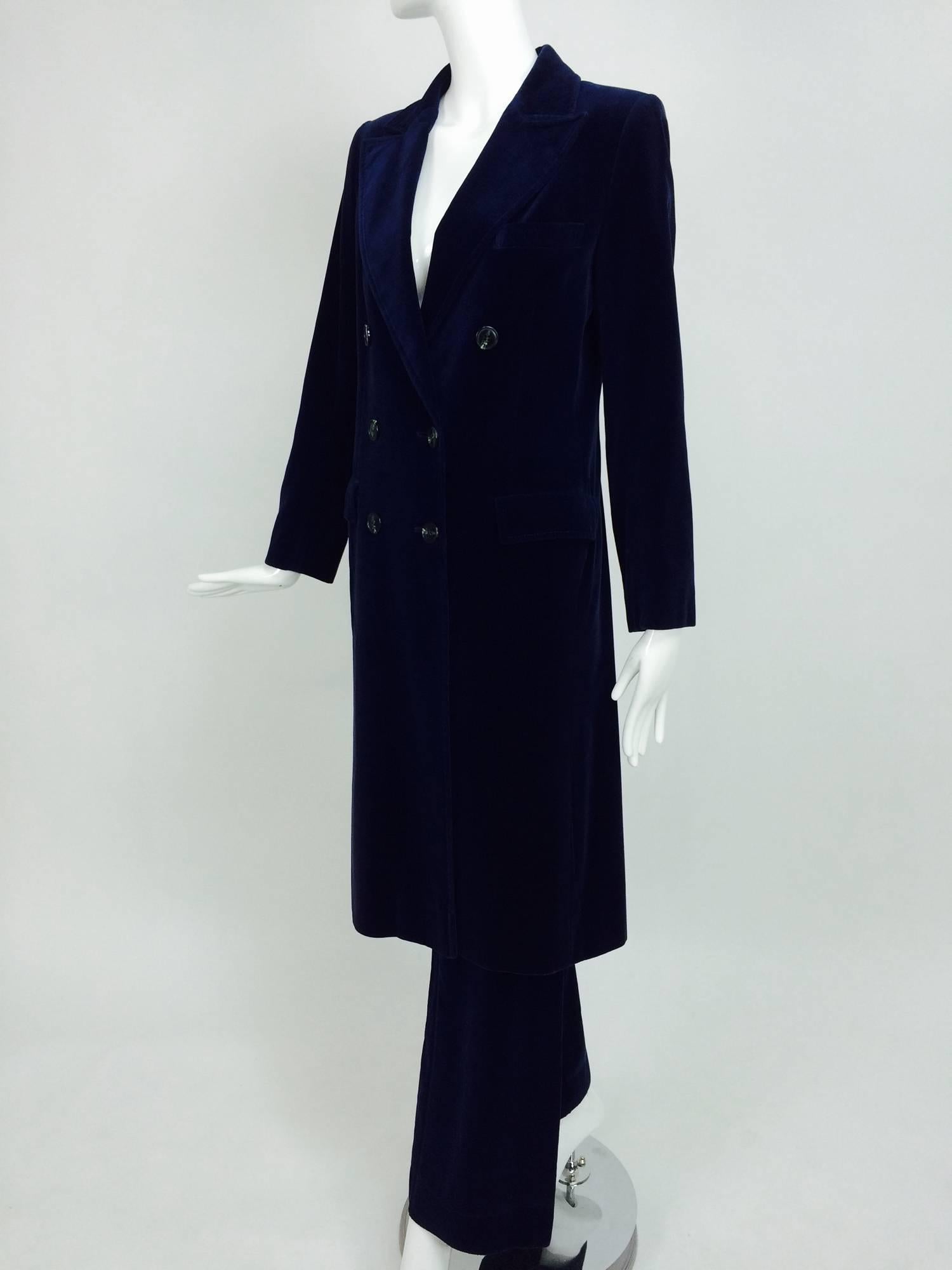 Black Vintage Guy Laroche ink blue velvet double breasted coat & trousers 1970s