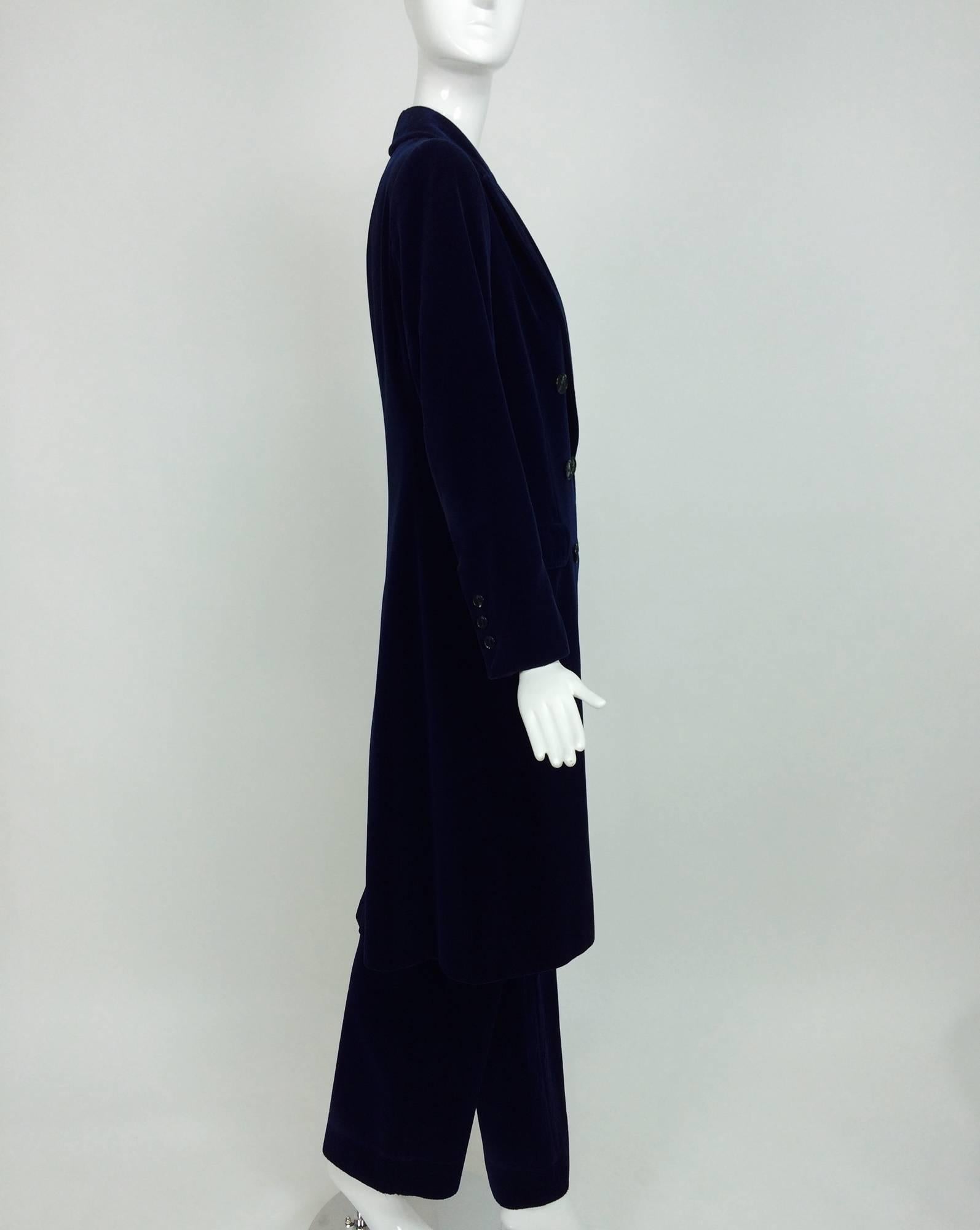 Vintage Guy Laroche ink blue velvet double breasted coat & trousers 1970s 1