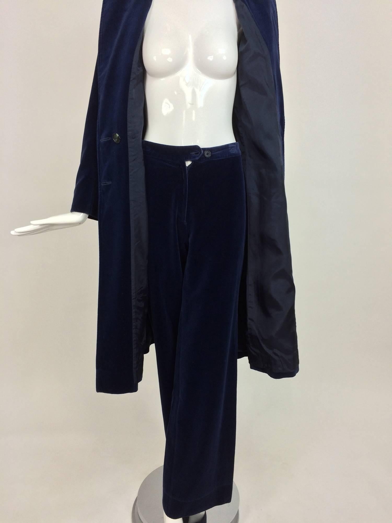 Vintage Guy Laroche ink blue velvet double breasted coat & trousers 1970s 3