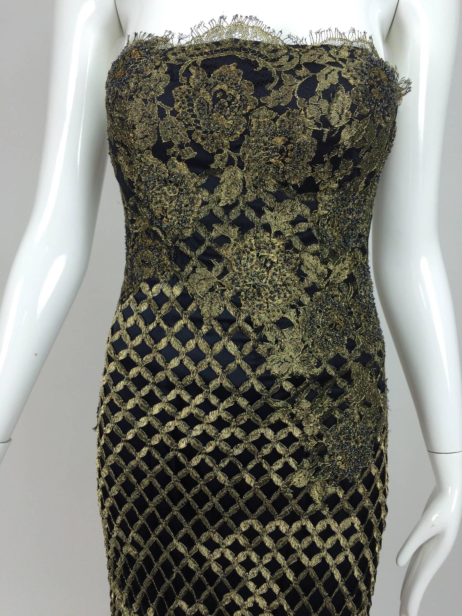 Vintage Dolce & Gabbana strapless metallic gold evening gown 1990s...Gold metallic braid is woven in a lattice pattern, done in such a way, that it catches the light in patterns as you can see in the photos...The dress has appliques of bronze beaded