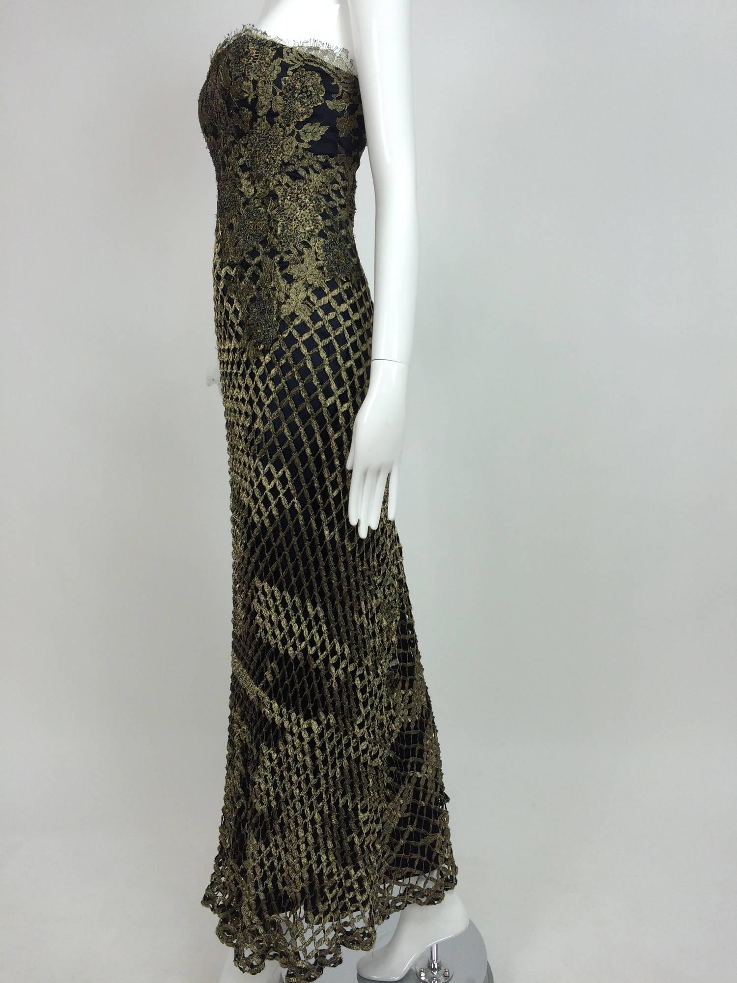 Vintage Dolce & Gabbana strapless metallic gold evening gown 1990s 1
