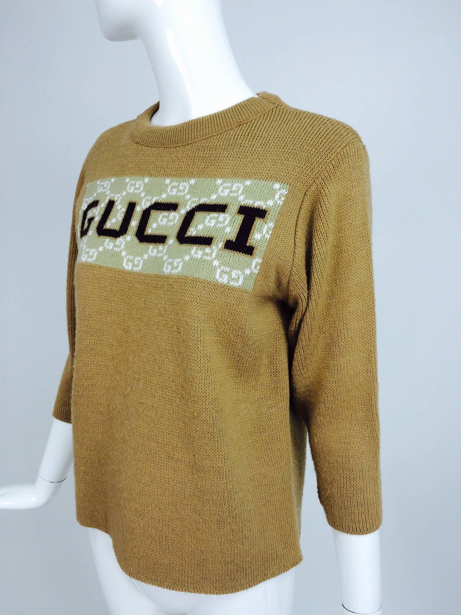 Vintage Gucci novelty logo sweater 1970s...Camel tan knit (acrylic) sweater with a large 