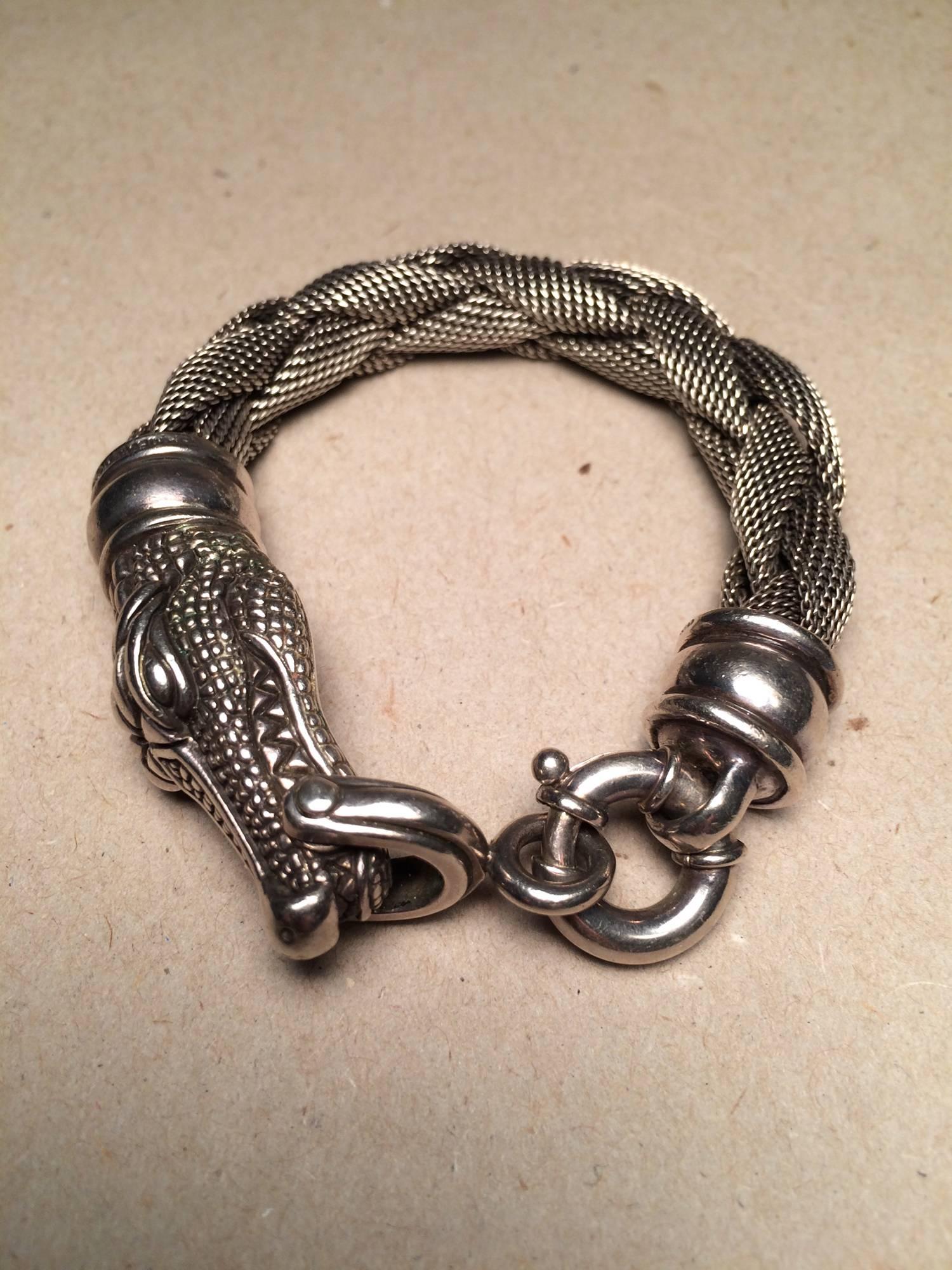Vintage Kieselstein Cord sterling silver mesh alligator bracelet 1988...Highly detailed alligator head with a body of sterling mesh, closes with a spring hook...All with a chunky look...Approx. 7