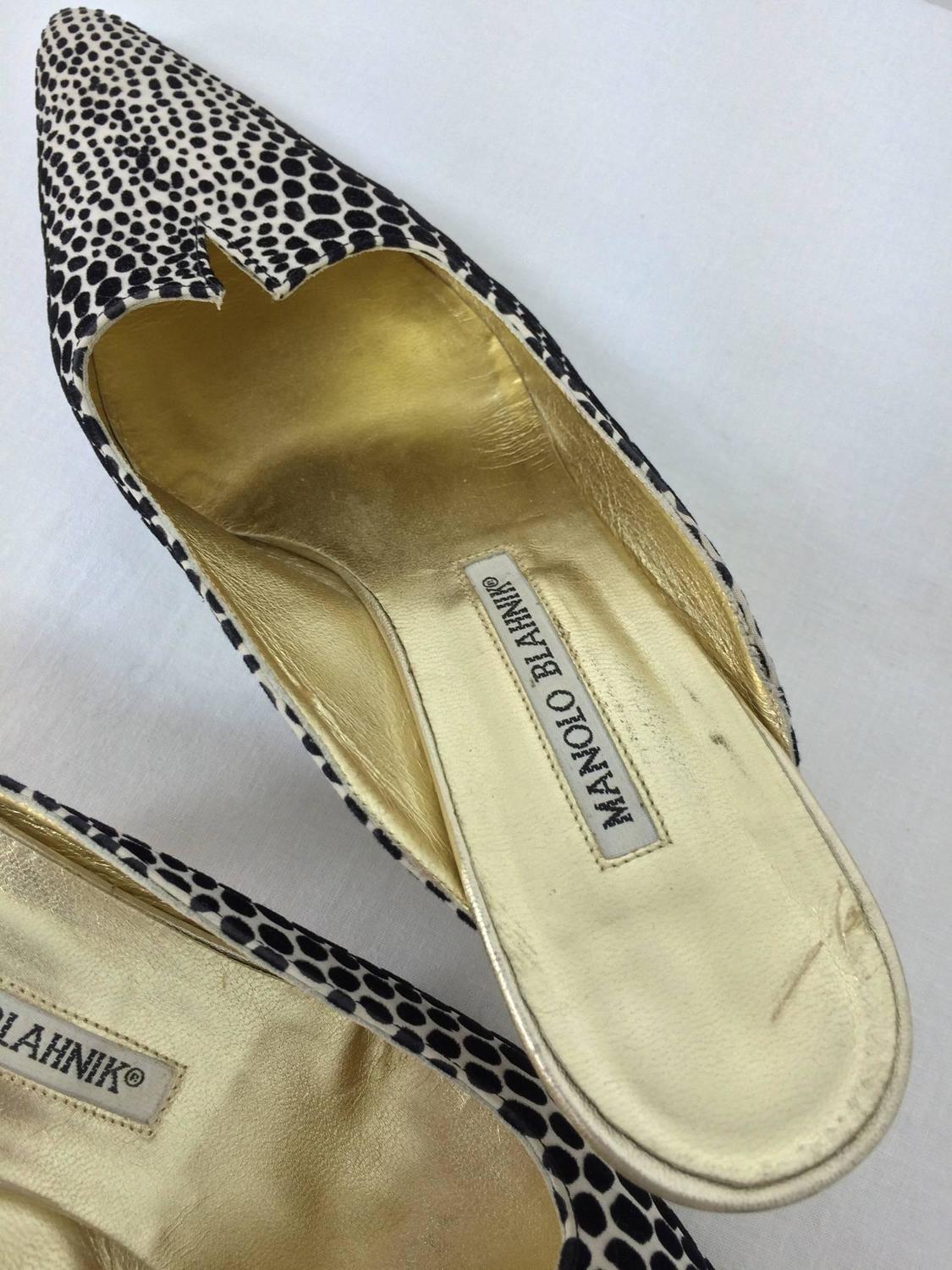 Manolo Blahnik black and white cut velvet dotted kitten heel mules 39/9
