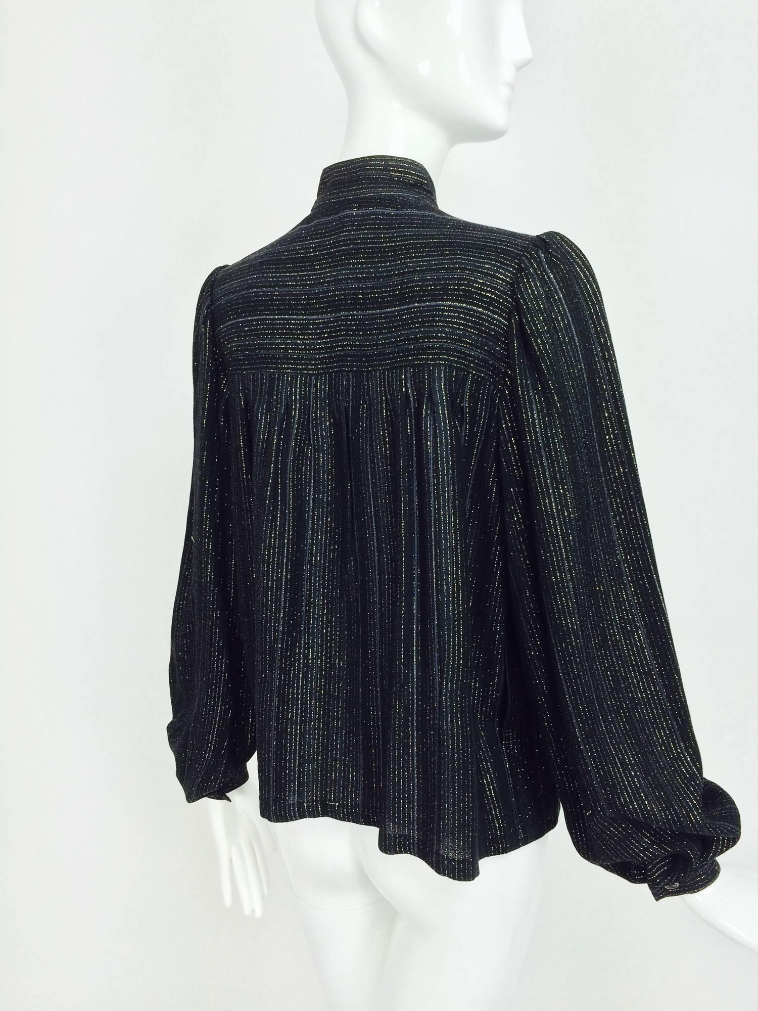 Women's Vintage Yves Saint Laurent YSL black metallic stripe gauze peasant top 1970s