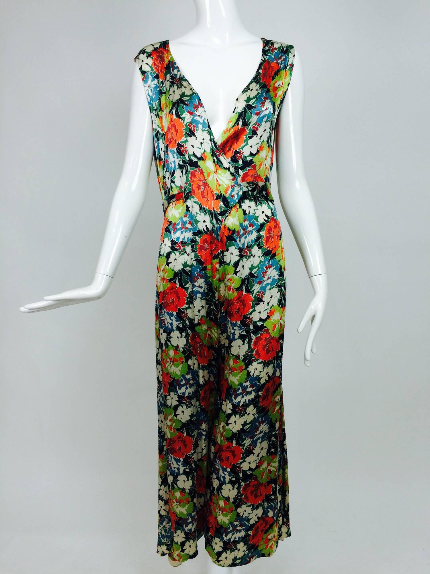 Brown Vintage floral printed silk crepe satin beach pajamas and cape 1920s