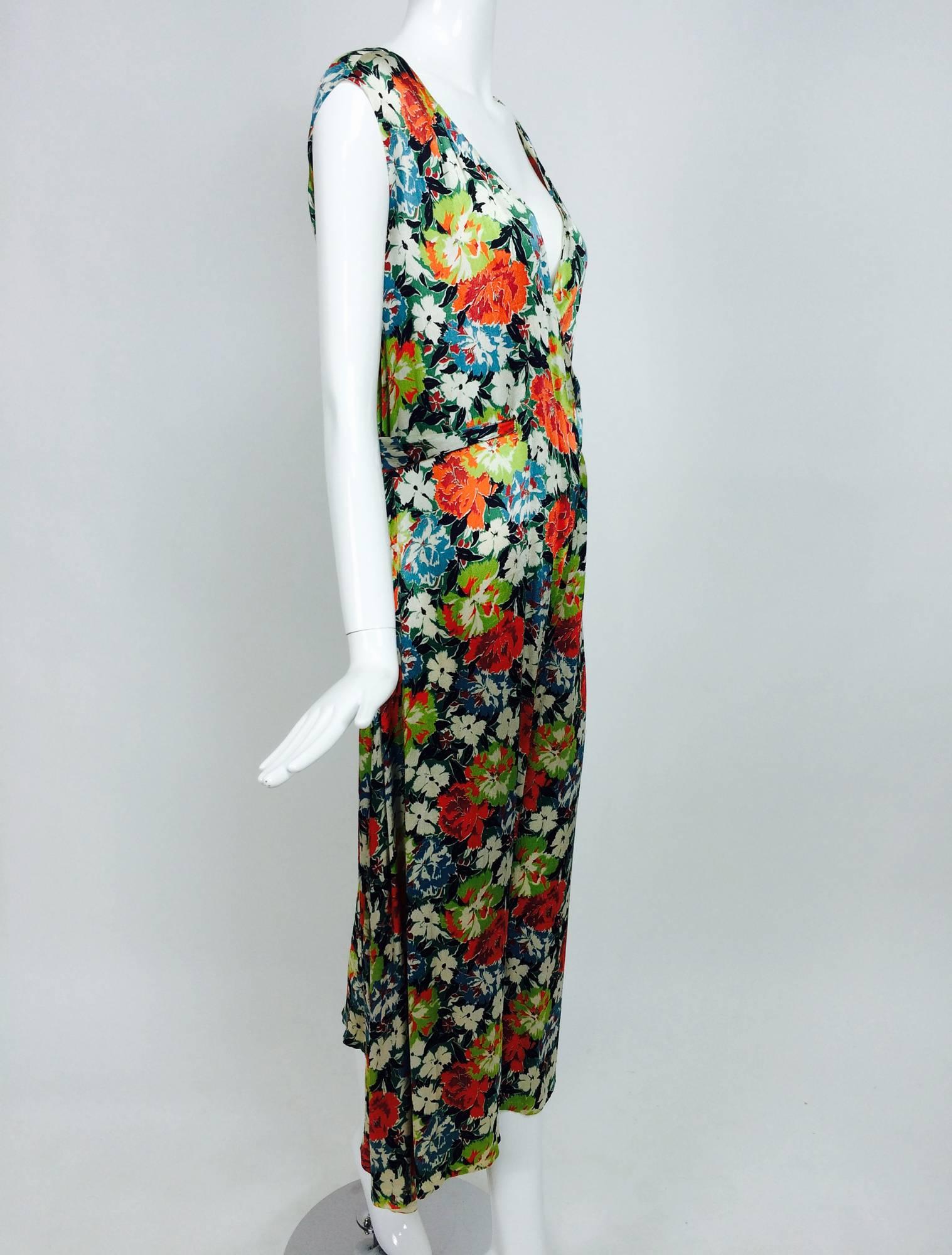 Women's Vintage floral printed silk crepe satin beach pajamas and cape 1920s