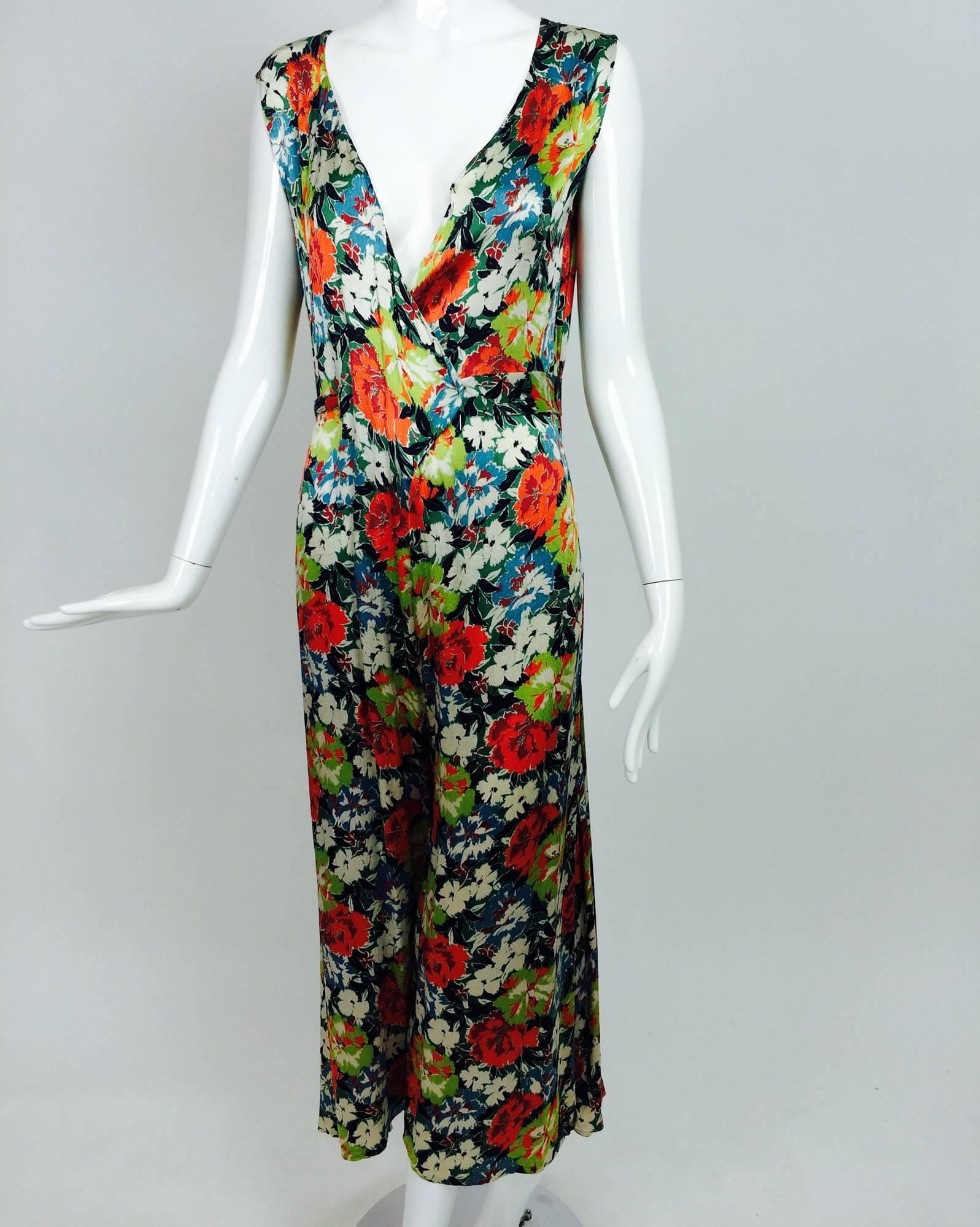 Vintage floral printed silk crepe satin beach pajamas and cape 1920s 1