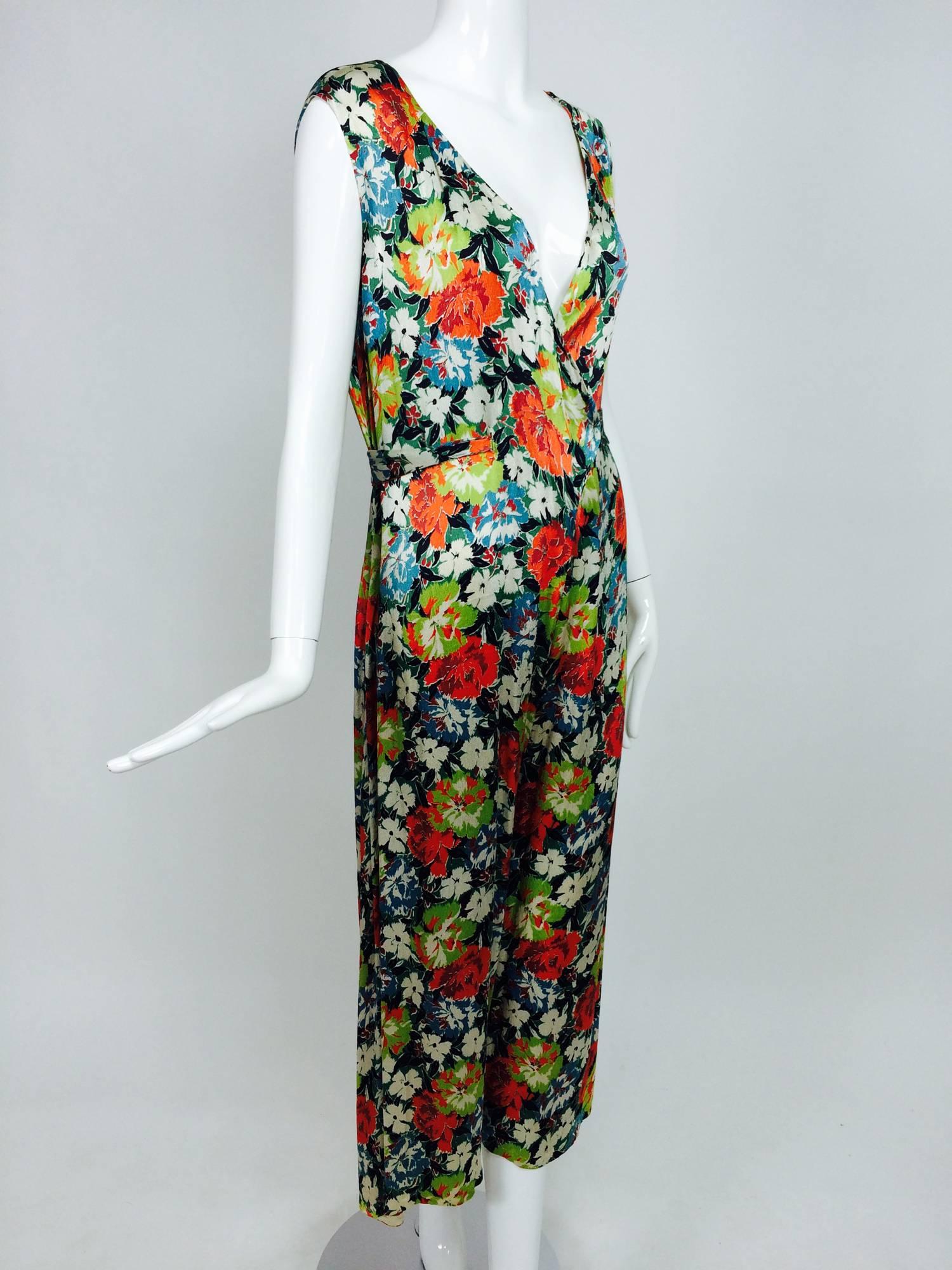 Vintage floral printed silk crepe satin beach pajamas and cape 1920s 2
