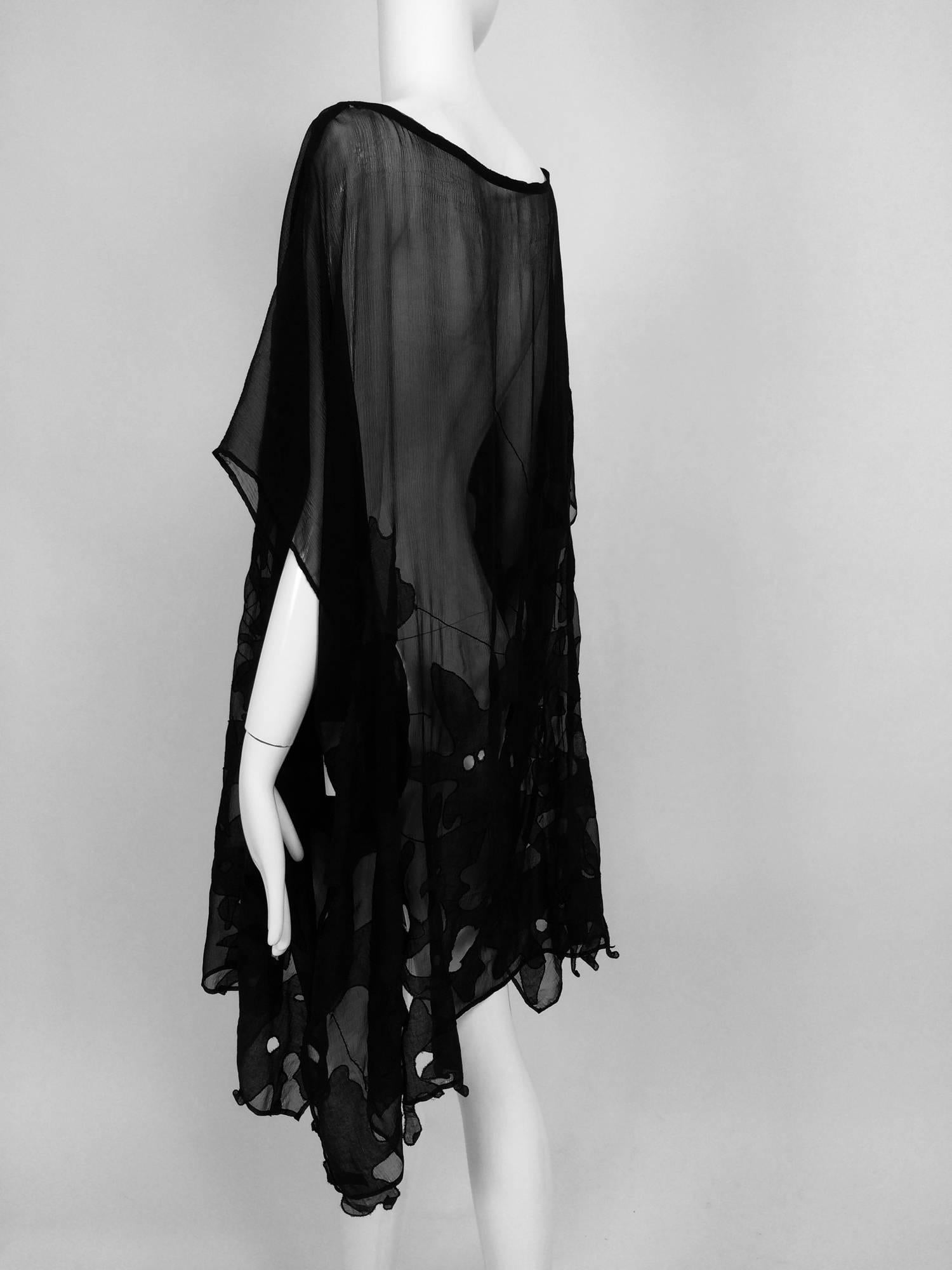 Dries Van Noten black silk chiffon applique cut out caftan tunic OS In Excellent Condition In West Palm Beach, FL