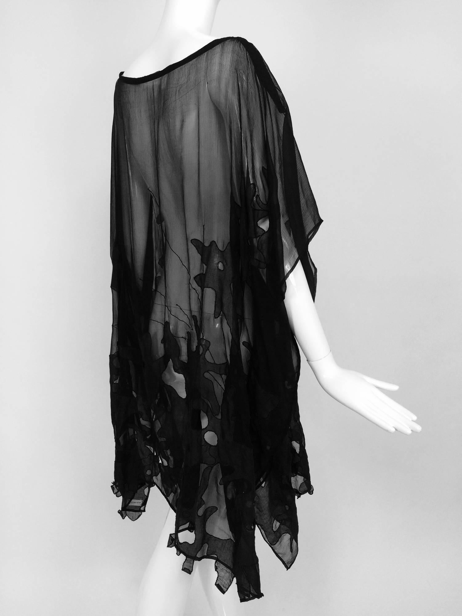 Women's Dries Van Noten black silk chiffon applique cut out caftan tunic OS