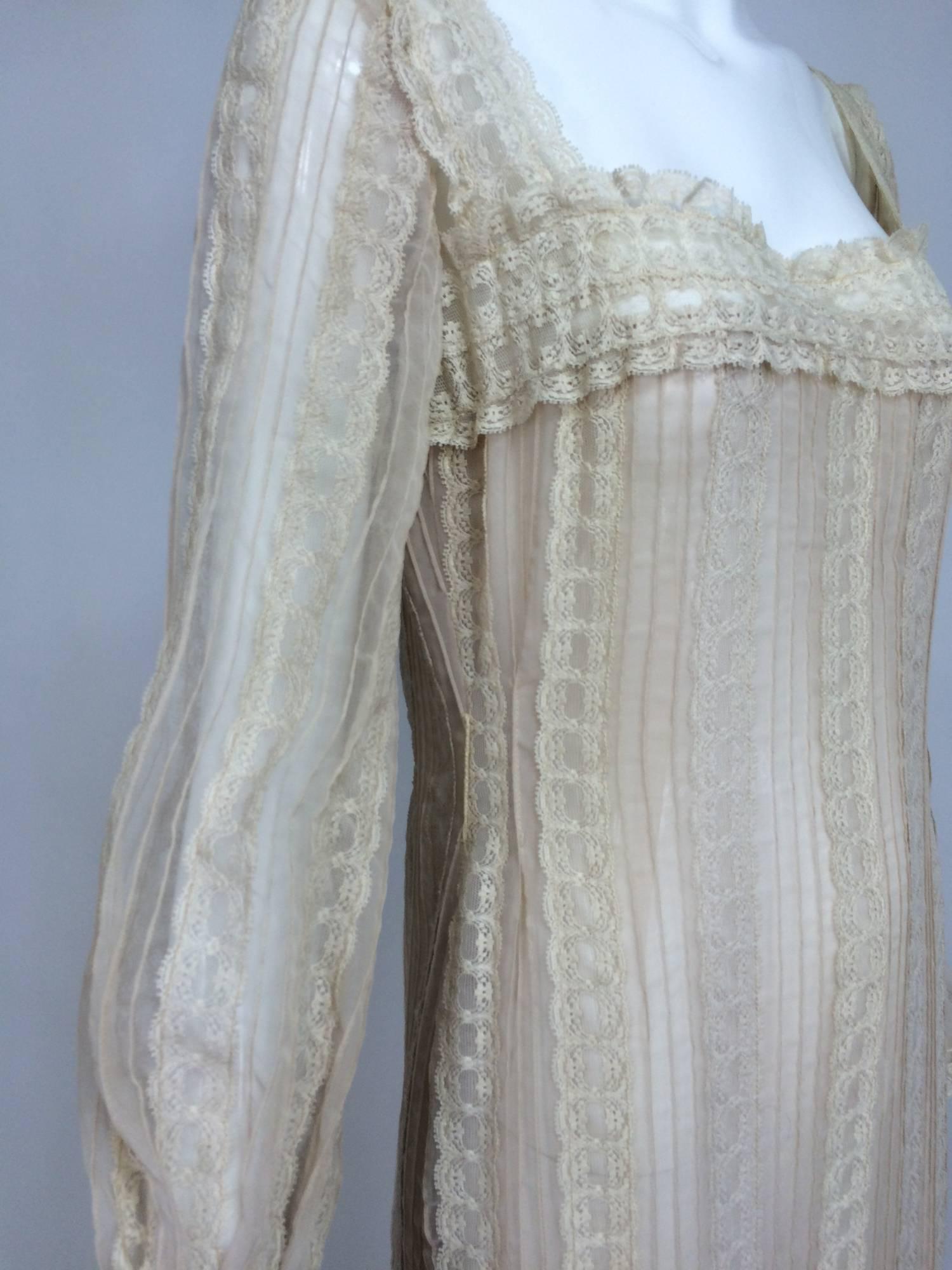 Vintage rosy taupe organza & lace square neck maxi dress 1960s...With all the romance the mid 60s brought to the fashion scene, with design references to 18th century ...This dress has a deep square neckline edged in lace, it is semi fitted through