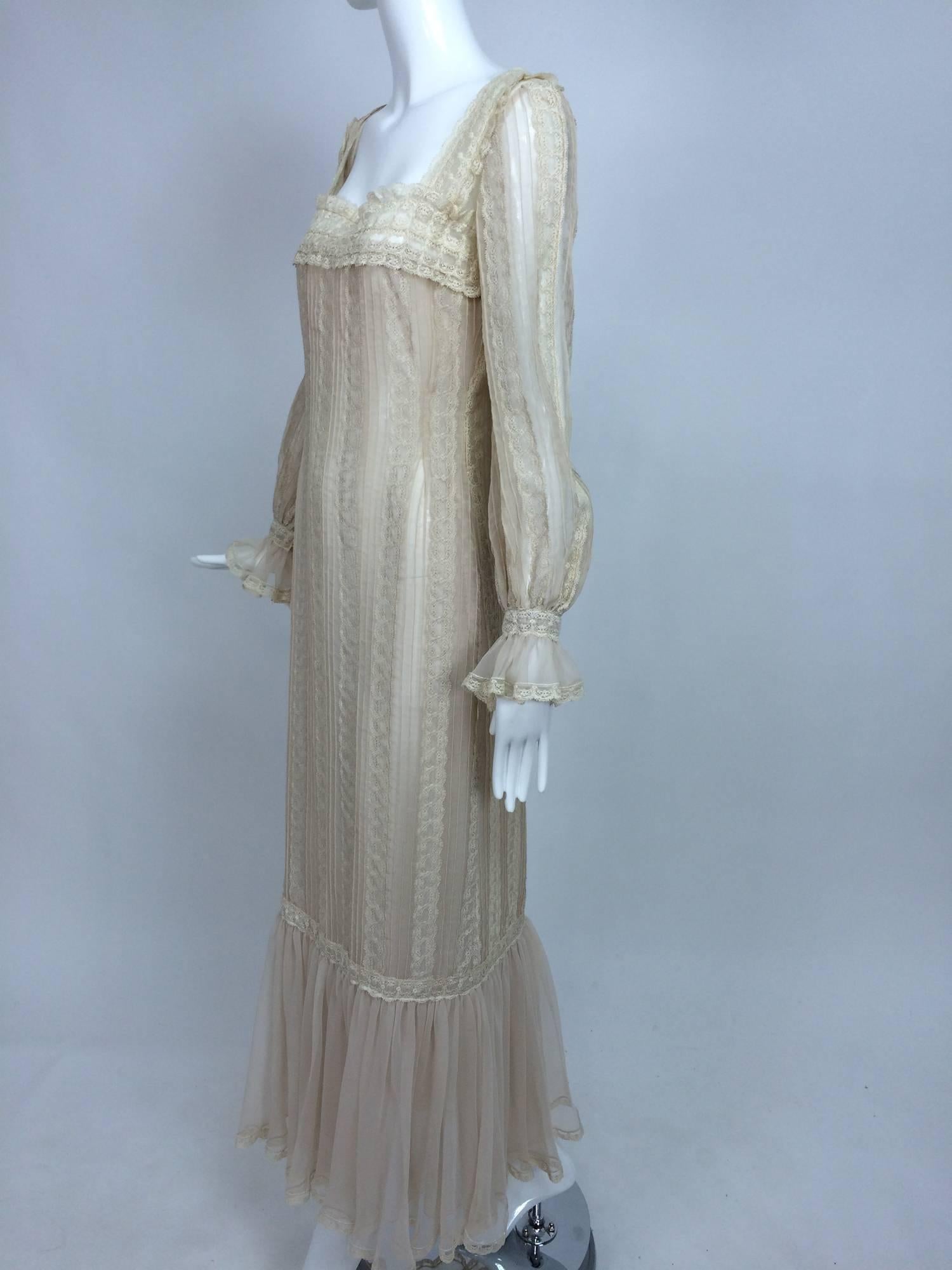 Vintage rosy taupe organza & lace square neck maxi dress 1960s In Excellent Condition In West Palm Beach, FL