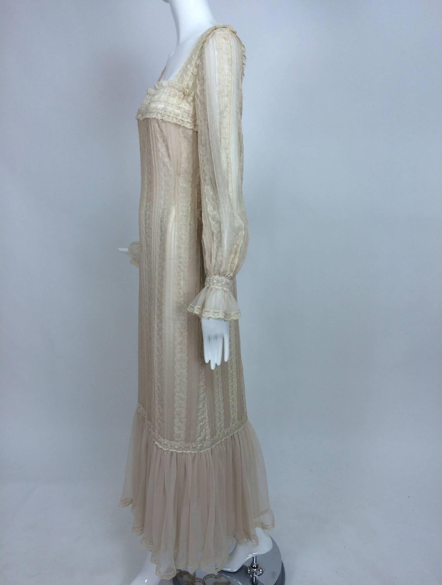 Women's Vintage rosy taupe organza & lace square neck maxi dress 1960s