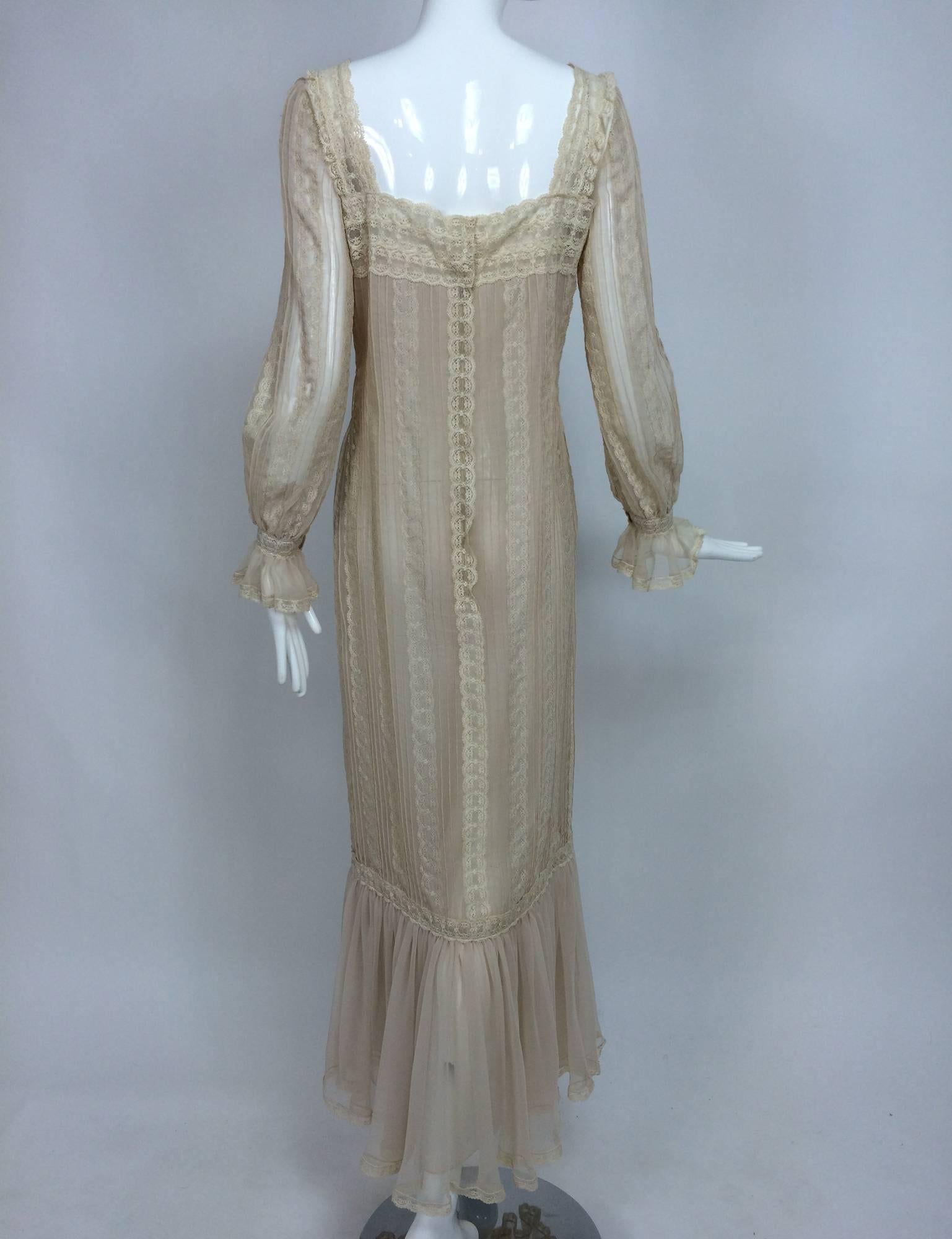 Vintage rosy taupe organza & lace square neck maxi dress 1960s 1