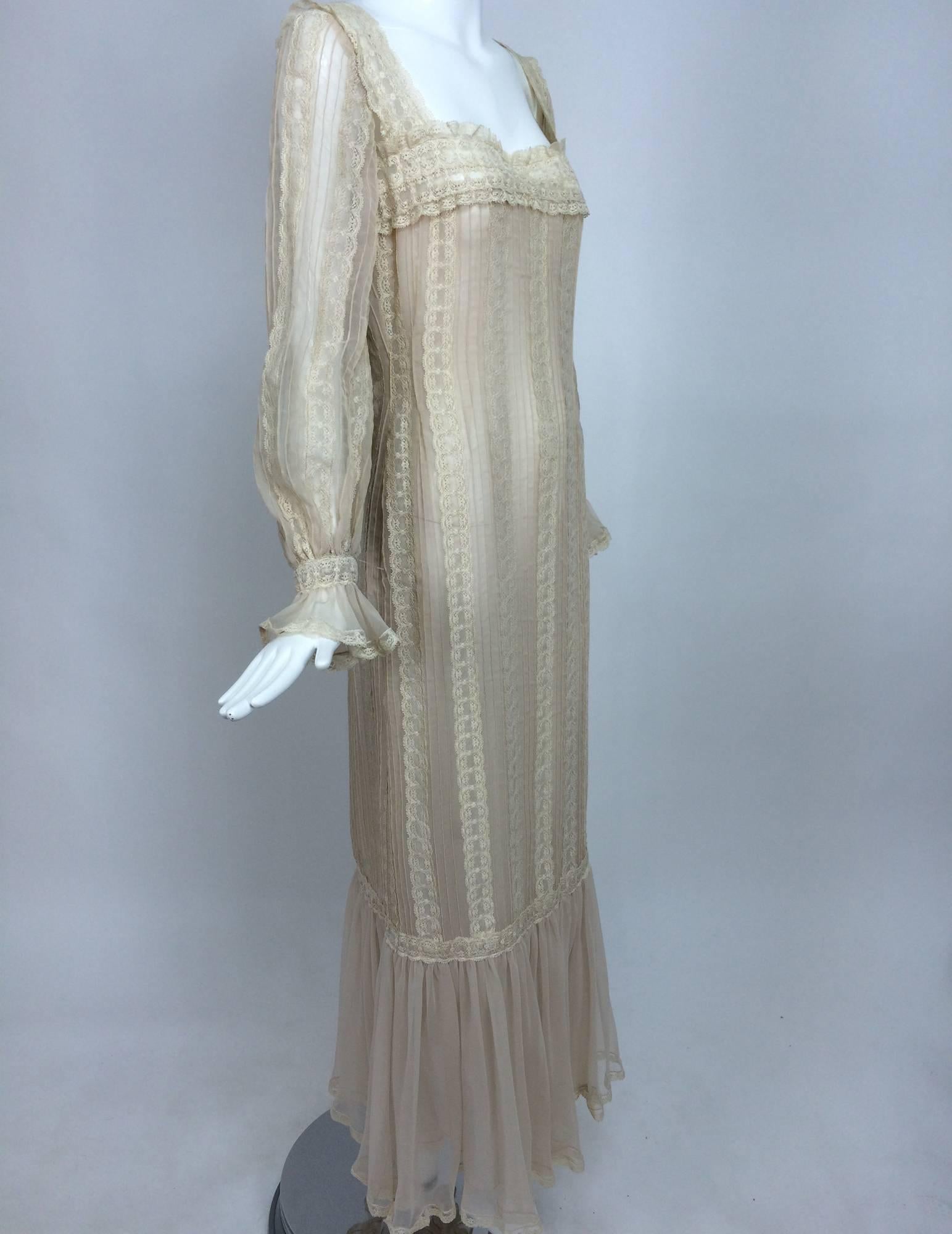 Vintage rosy taupe organza & lace square neck maxi dress 1960s 2