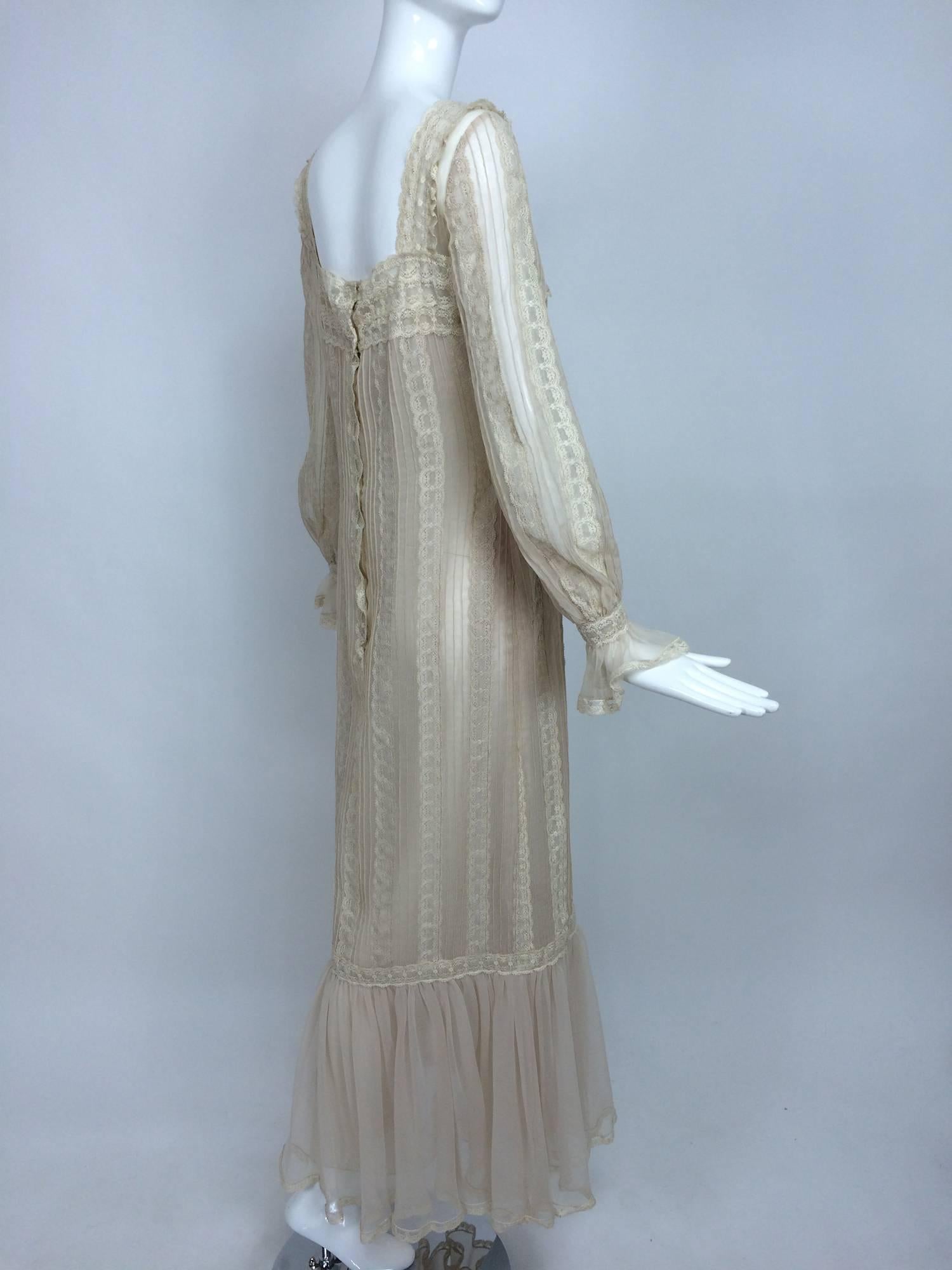 Vintage rosy taupe organza & lace square neck maxi dress 1960s 3