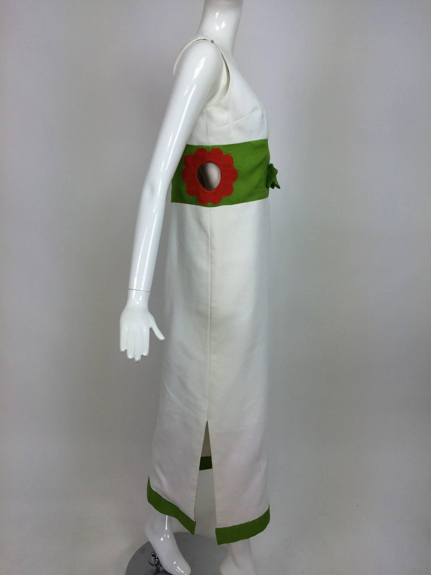 Gray Vintage mod style novelty white pique maxi dress with open flower sides 1960s